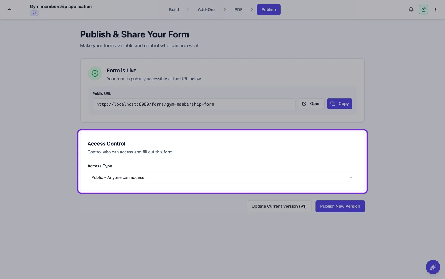 The Publish tab of the form builder with the Access Control card highlighted