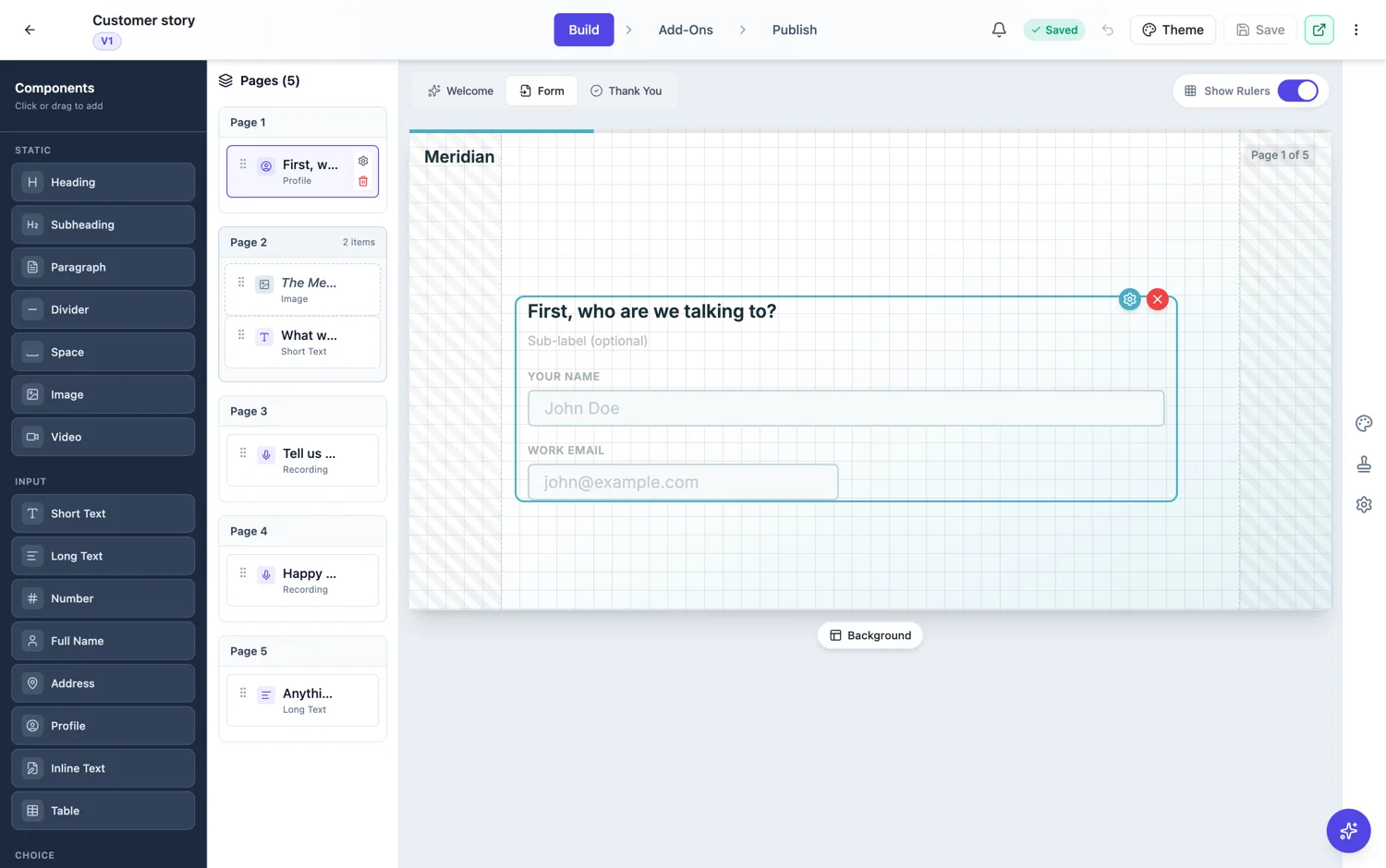 The conversational builder for a customer story form, showing five pages including two recording questions