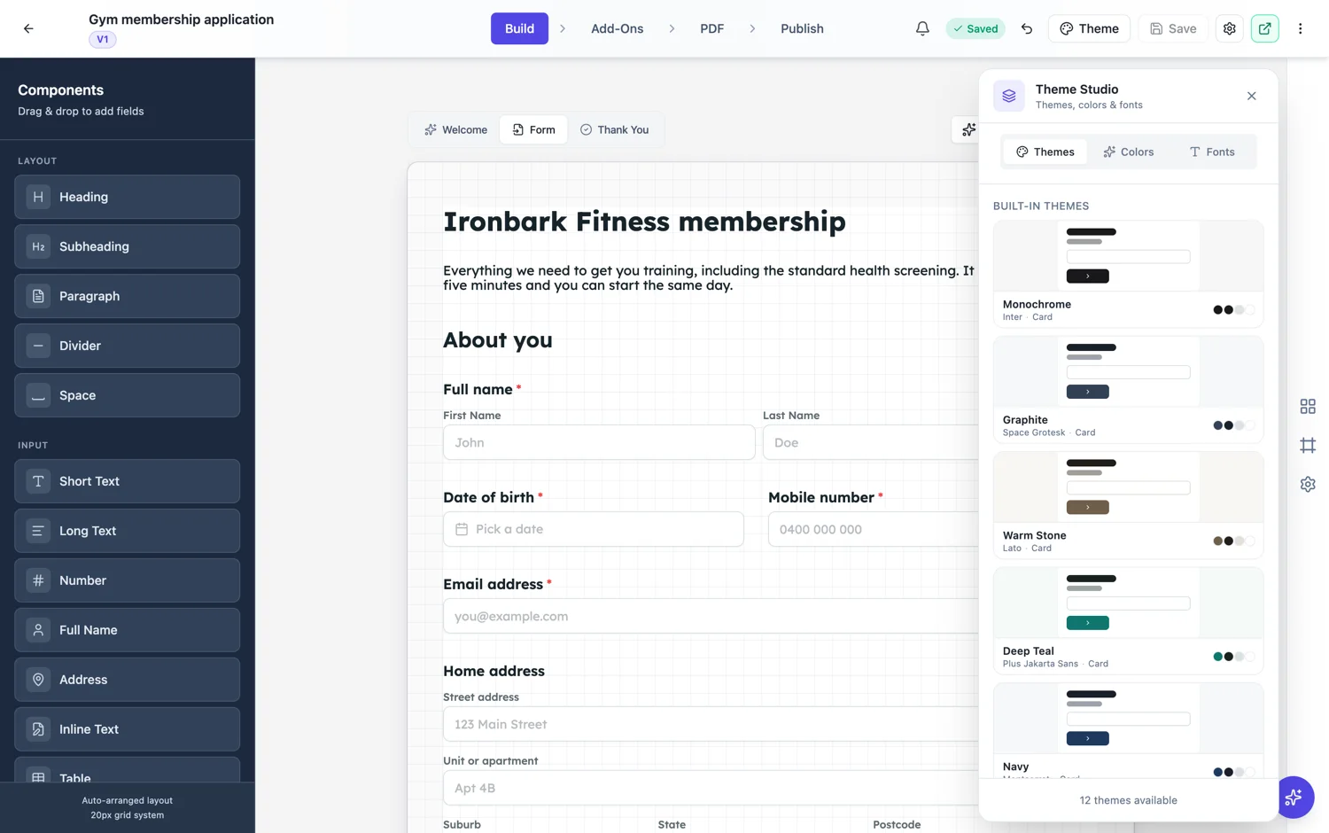Theme Studio open in the form builder showing built in theme cards
