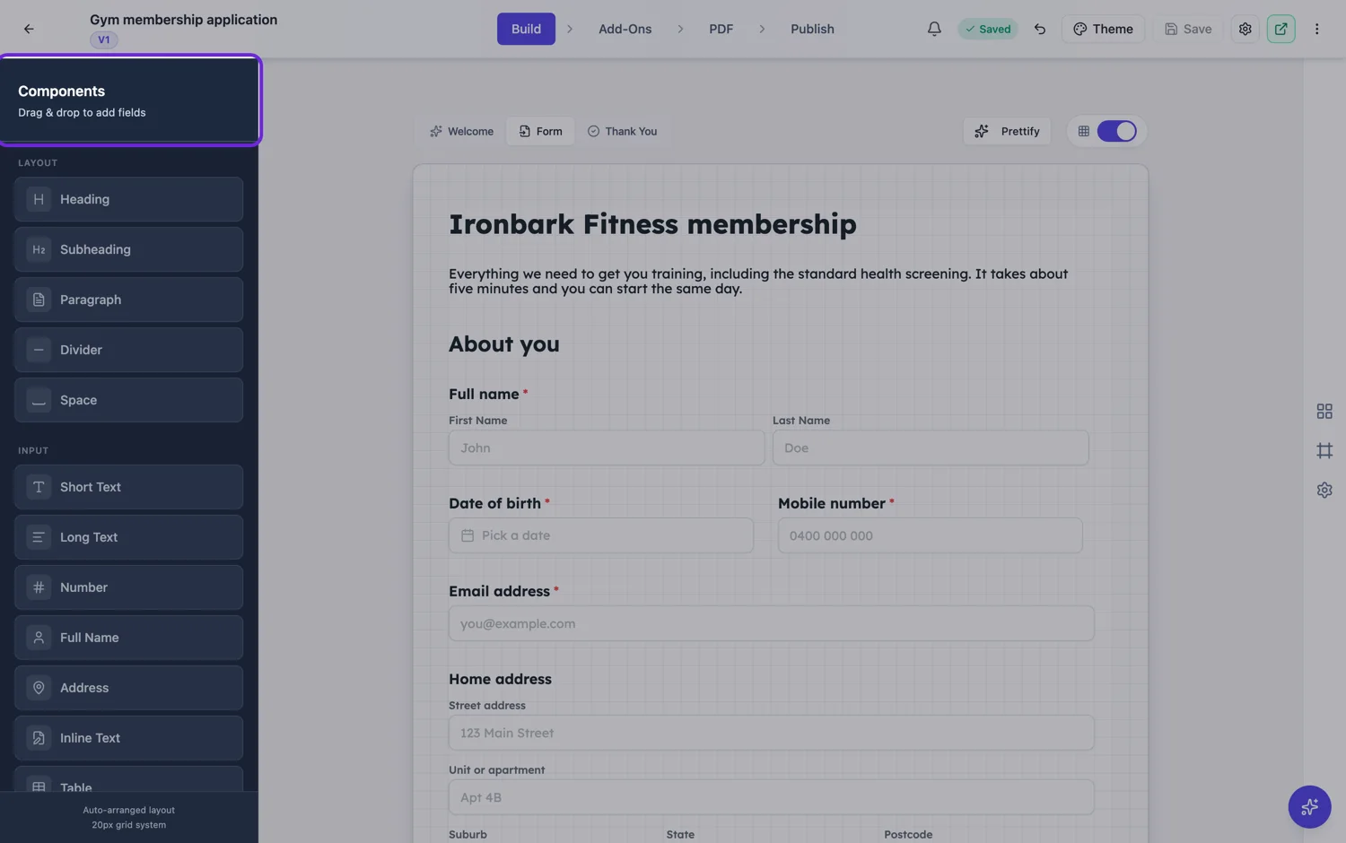 The component toolkit in the classic form builder, highlighted beside the canvas