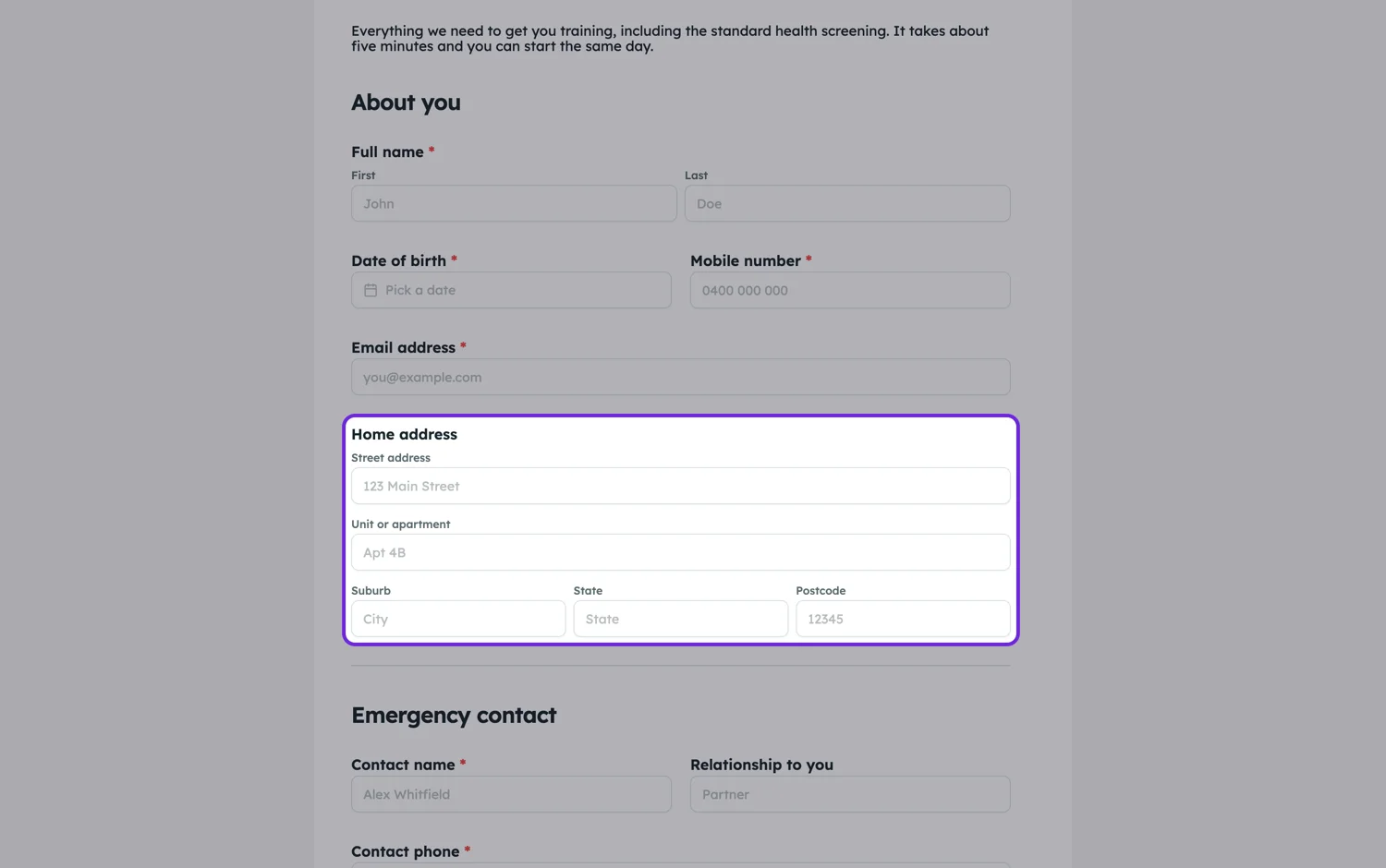 An address field on a published form with street, unit, suburb, state and postcode boxes