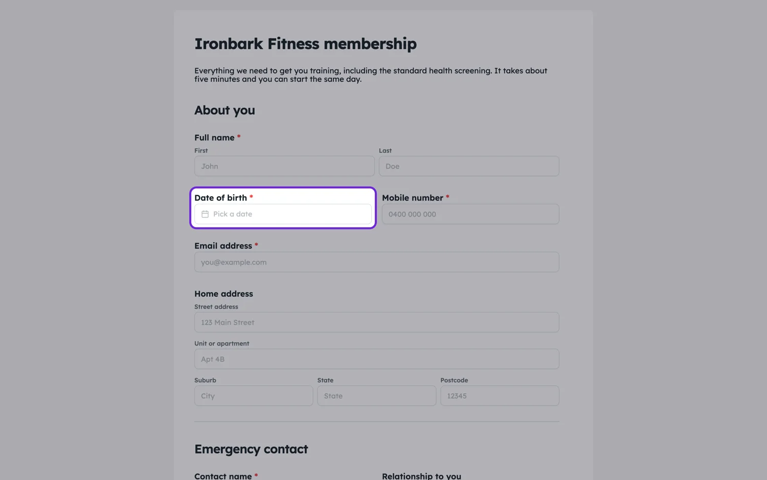 A date of birth field on a published form showing the date picker