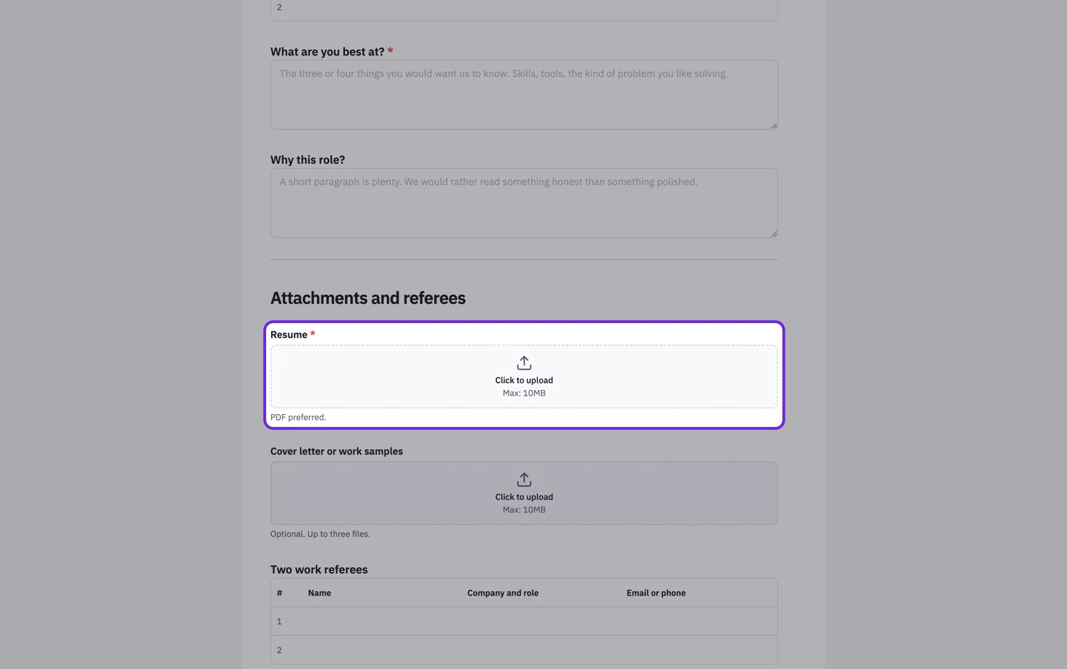 A resume upload field on a published job application form, showing the 10 MB limit