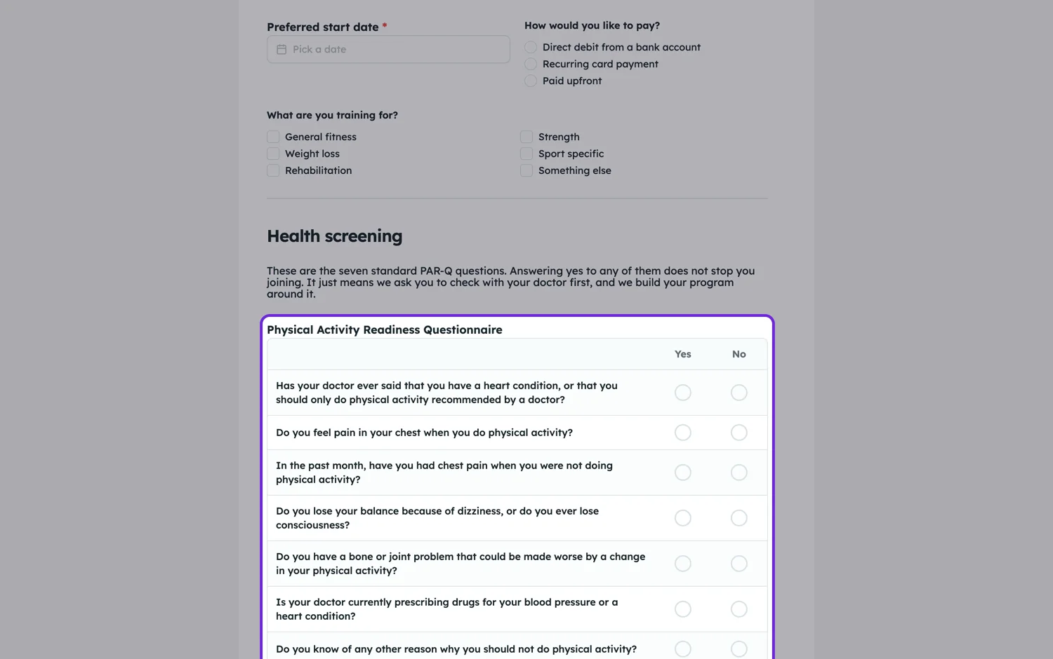 A rating matrix on a published form, seven statements against a Yes and No scale