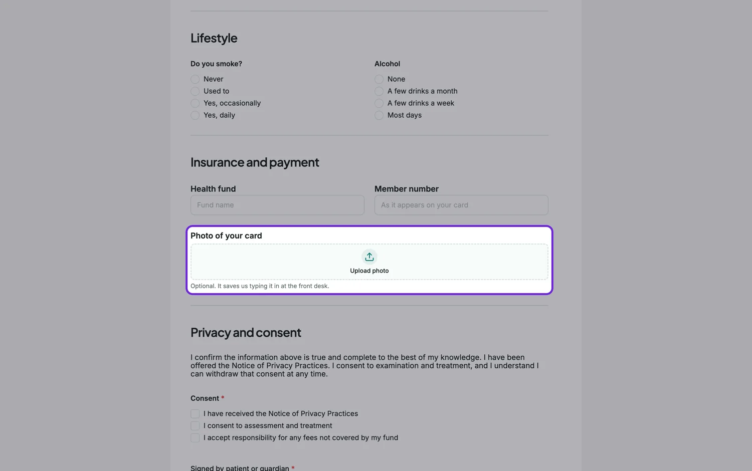 A photo upload field on a published patient intake form