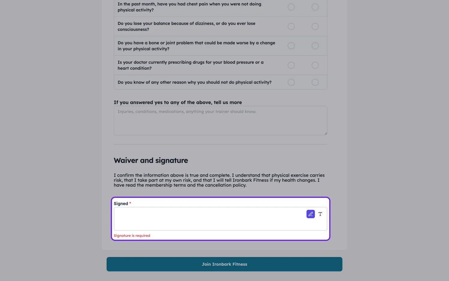 A signature field on a published gym membership form, with the draw and type buttons