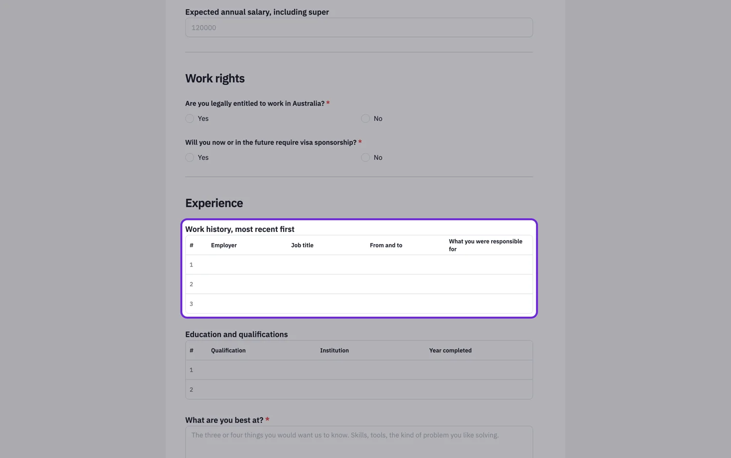 A work history table on a published job application form with four columns and numbered rows