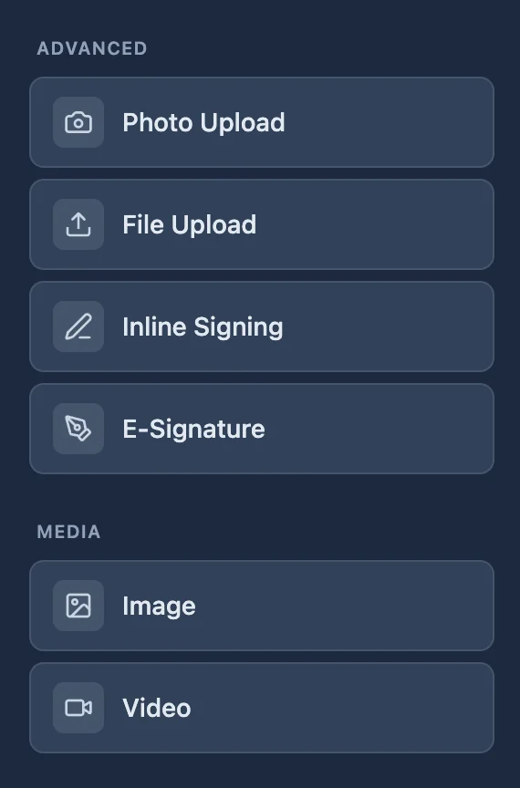 The component panel showing a media section with image and video blocks, above a separate advanced section holding photo upload and file upload