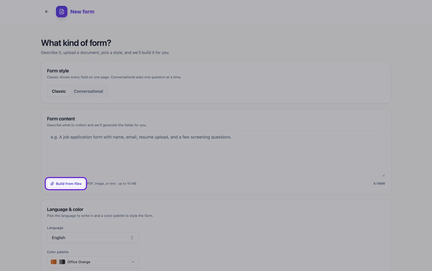 The Build from files button in the form generator, highlighted