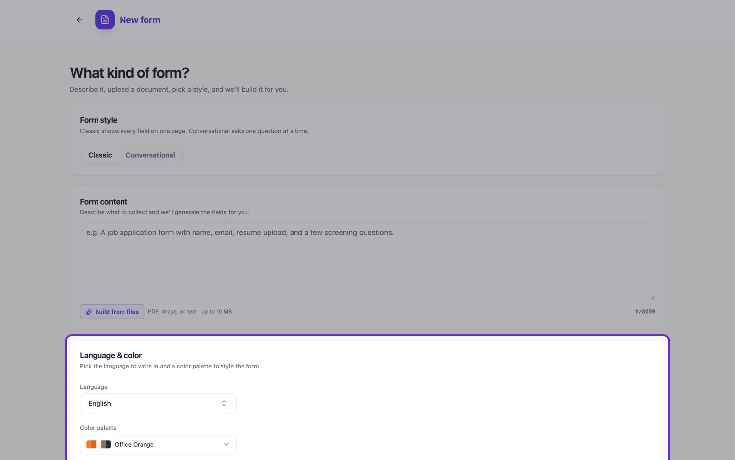 The language and colour palette pickers in the form generator, highlighted