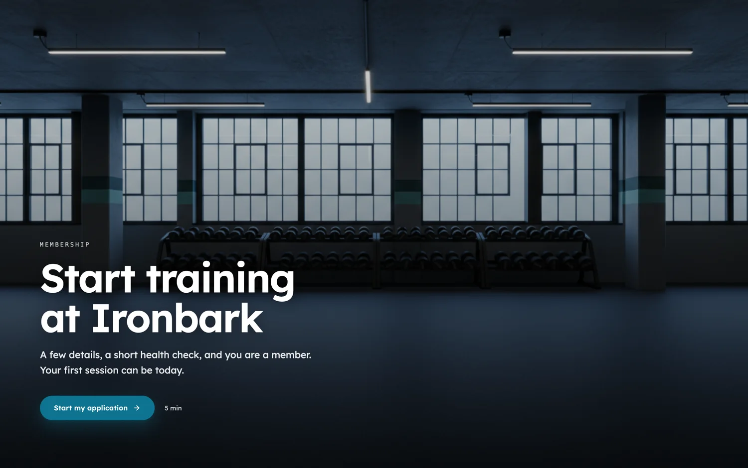 The welcome screen of a published gym membership form, with a full width photo and a five minute estimate