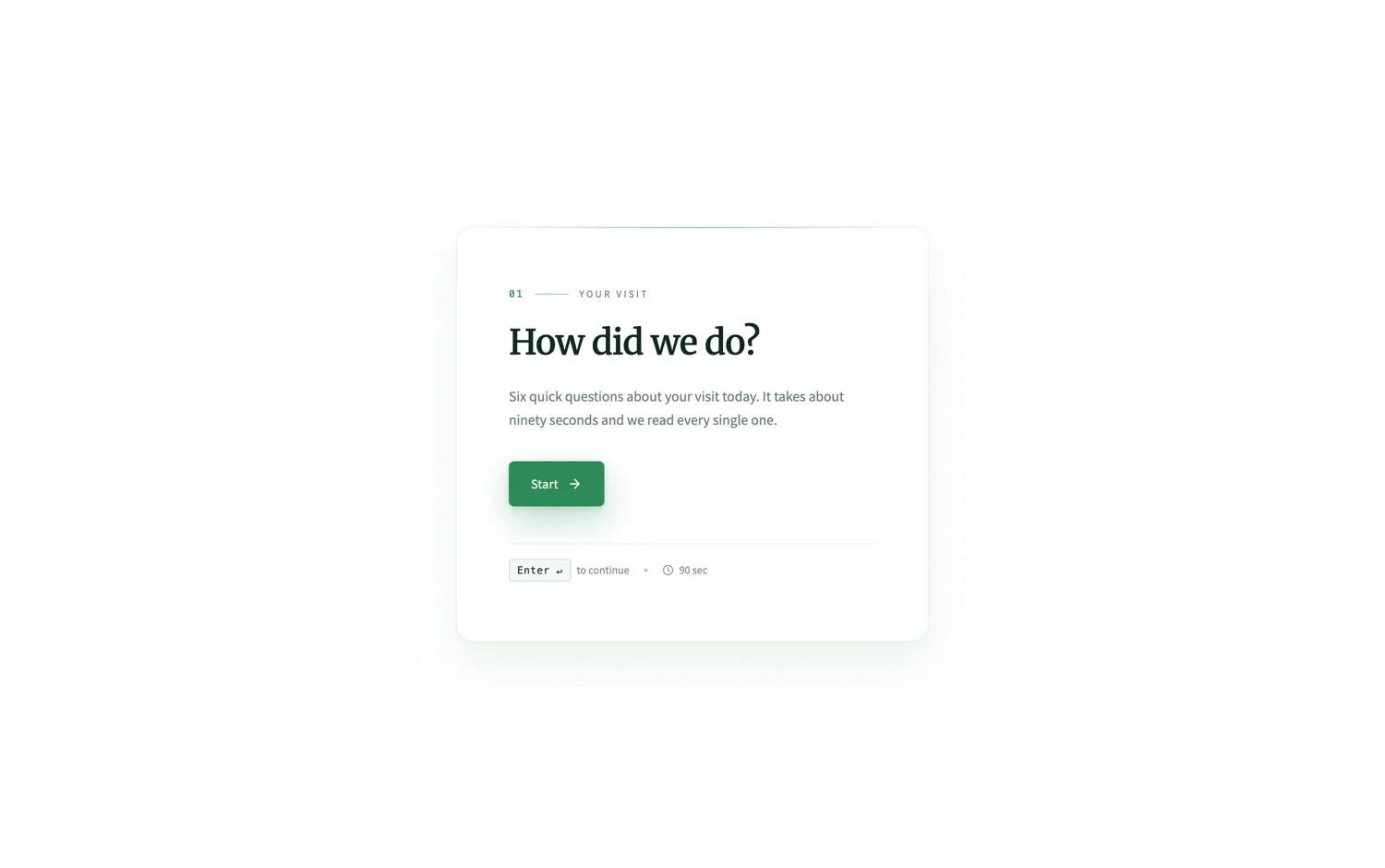 The welcome screen of a published conversational feedback form showing a ninety second estimate