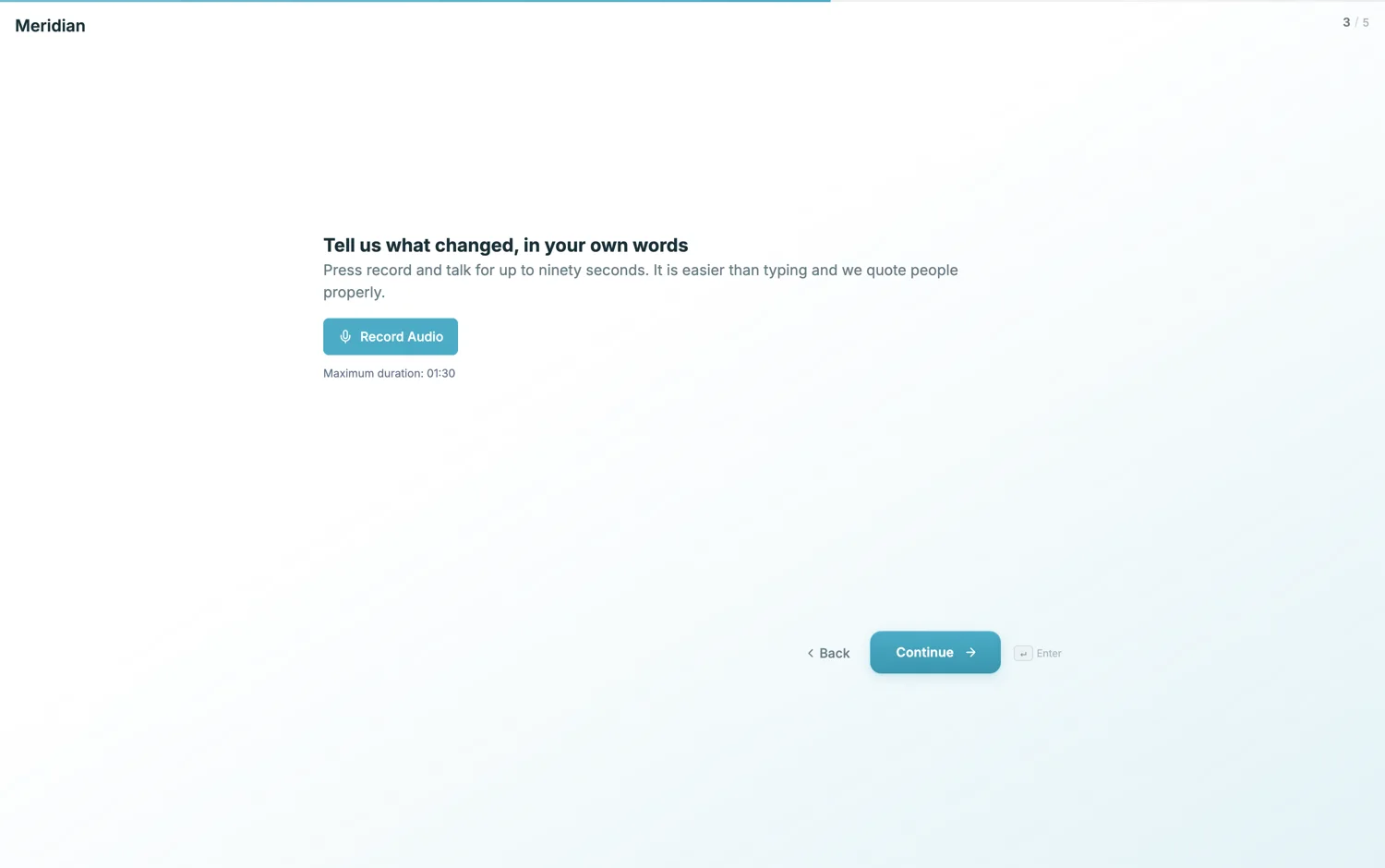 A published conversational form asking for a spoken answer, with a Record Audio button and a maximum duration