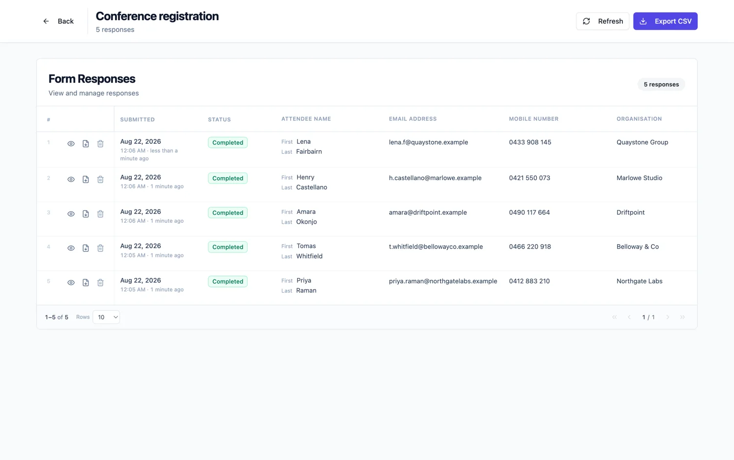 The responses table showing five submissions with an Export CSV button