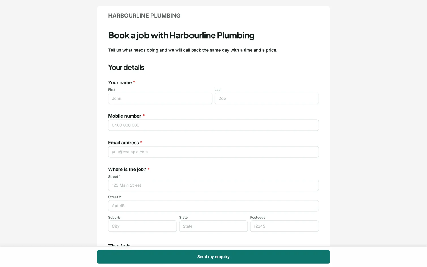 A published plumbing enquiry form laid out in a single column with a sticky submit bar