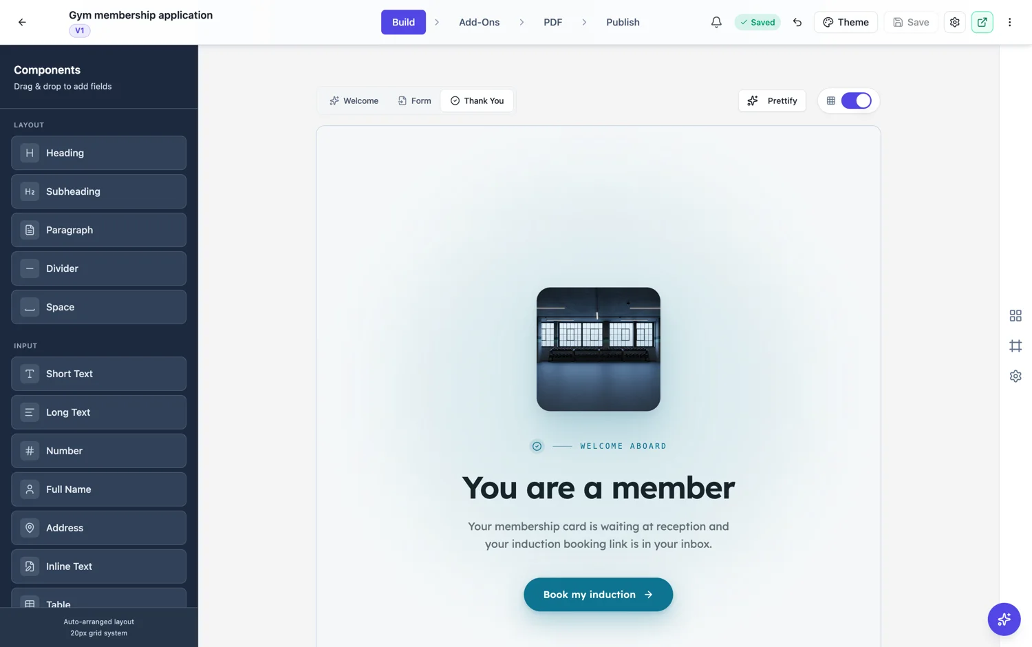 The thank-you screen editor open in the form builder