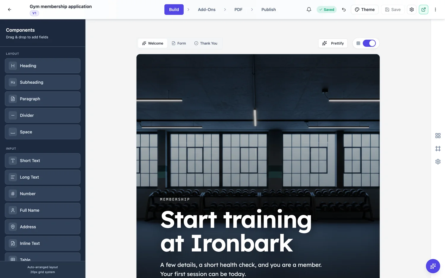The welcome screen editor open in the form builder