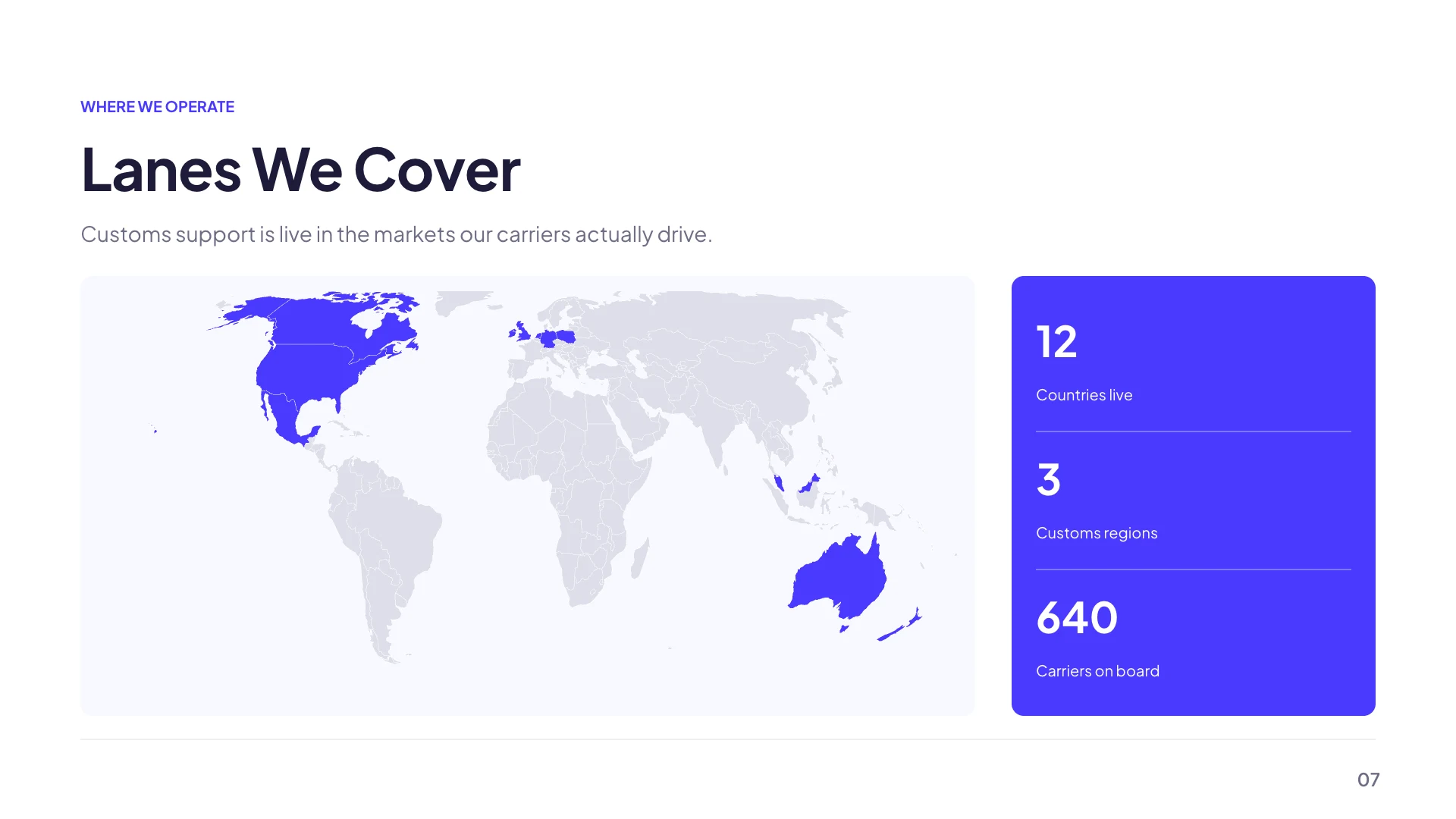 A world map slide with twelve countries filled in the brand colour beside three statistics