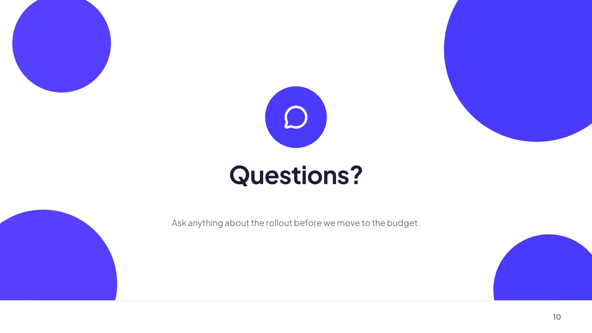 A closing question and answer slide with a message icon, a large Questions heading and one line of invitation