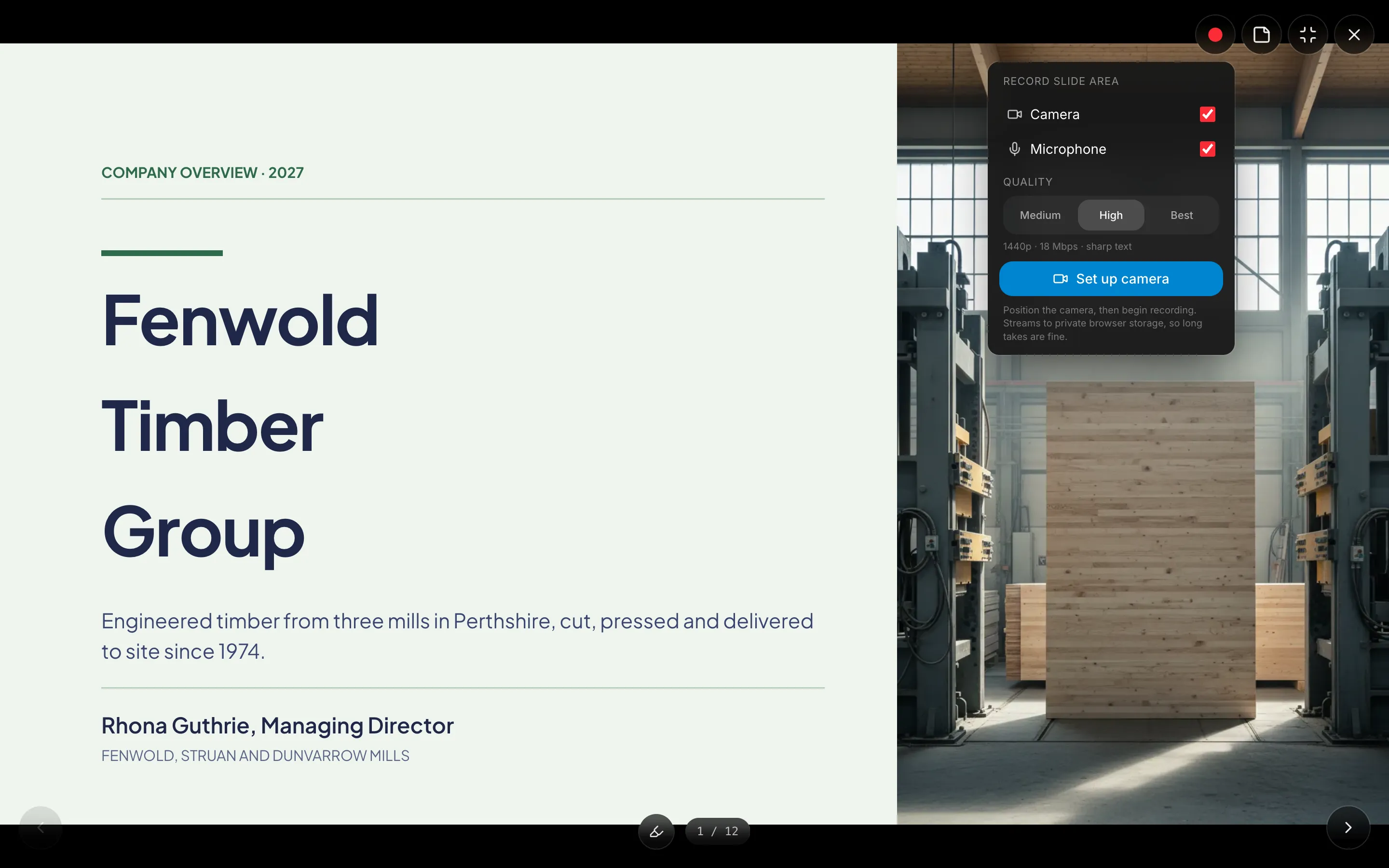 Present mode with the recorder settings panel open over the first slide, showing camera and microphone toggles and three quality levels