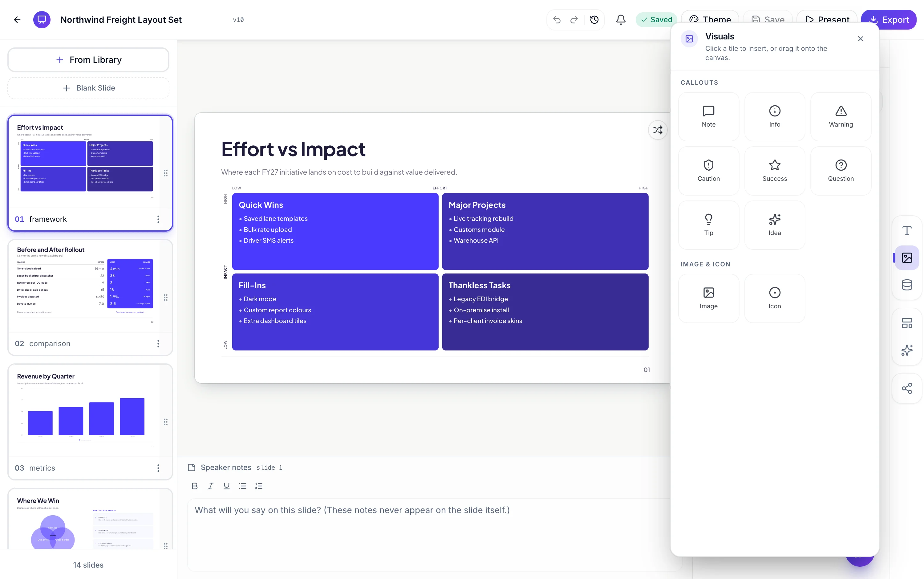 The Visuals panel open in the slide builder, showing callout tiles plus image and icon