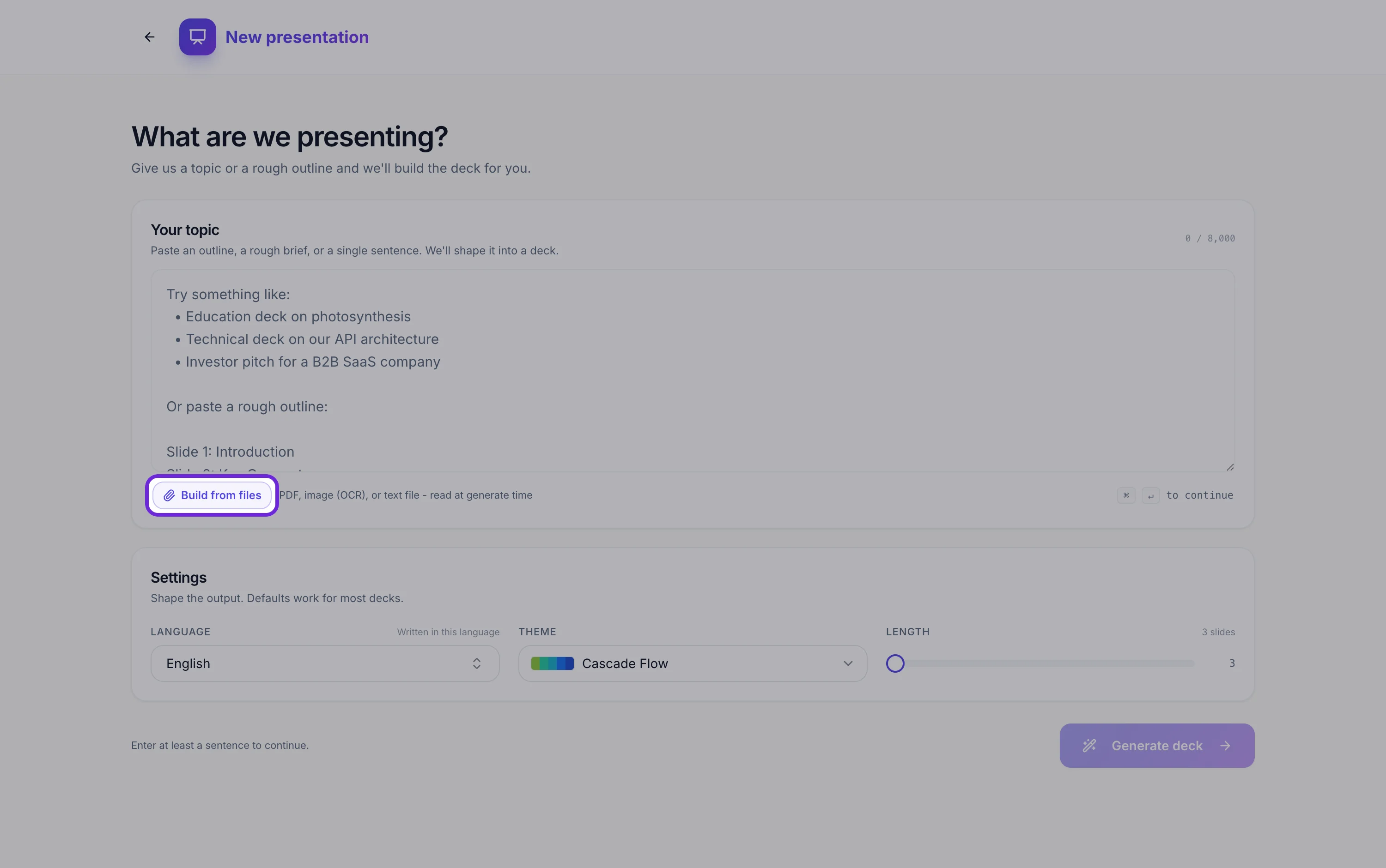 The presentation generator with the Build from files button highlighted, and the accepted file types listed beside it