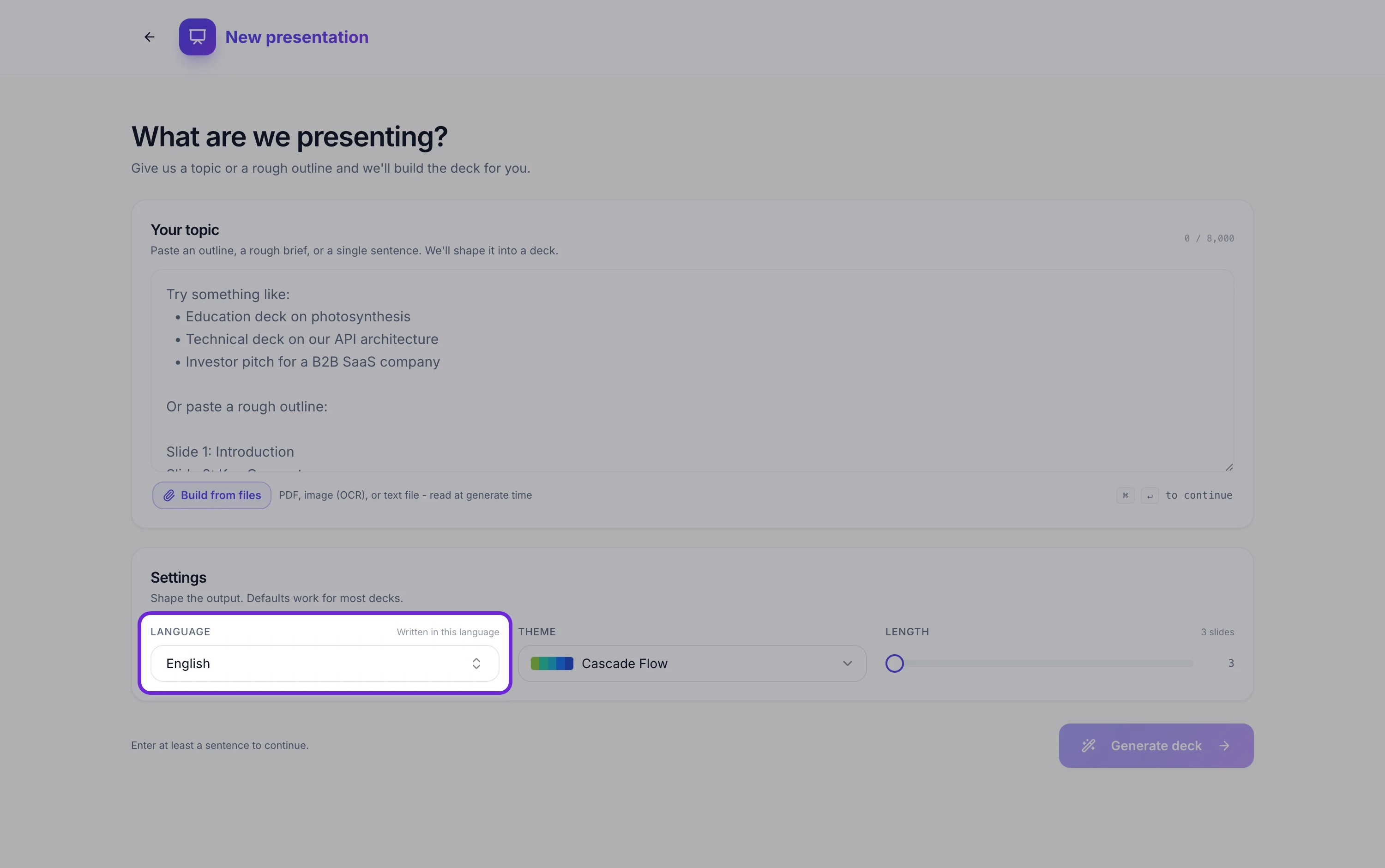 The presentation generator with the Language picker highlighted, set to English