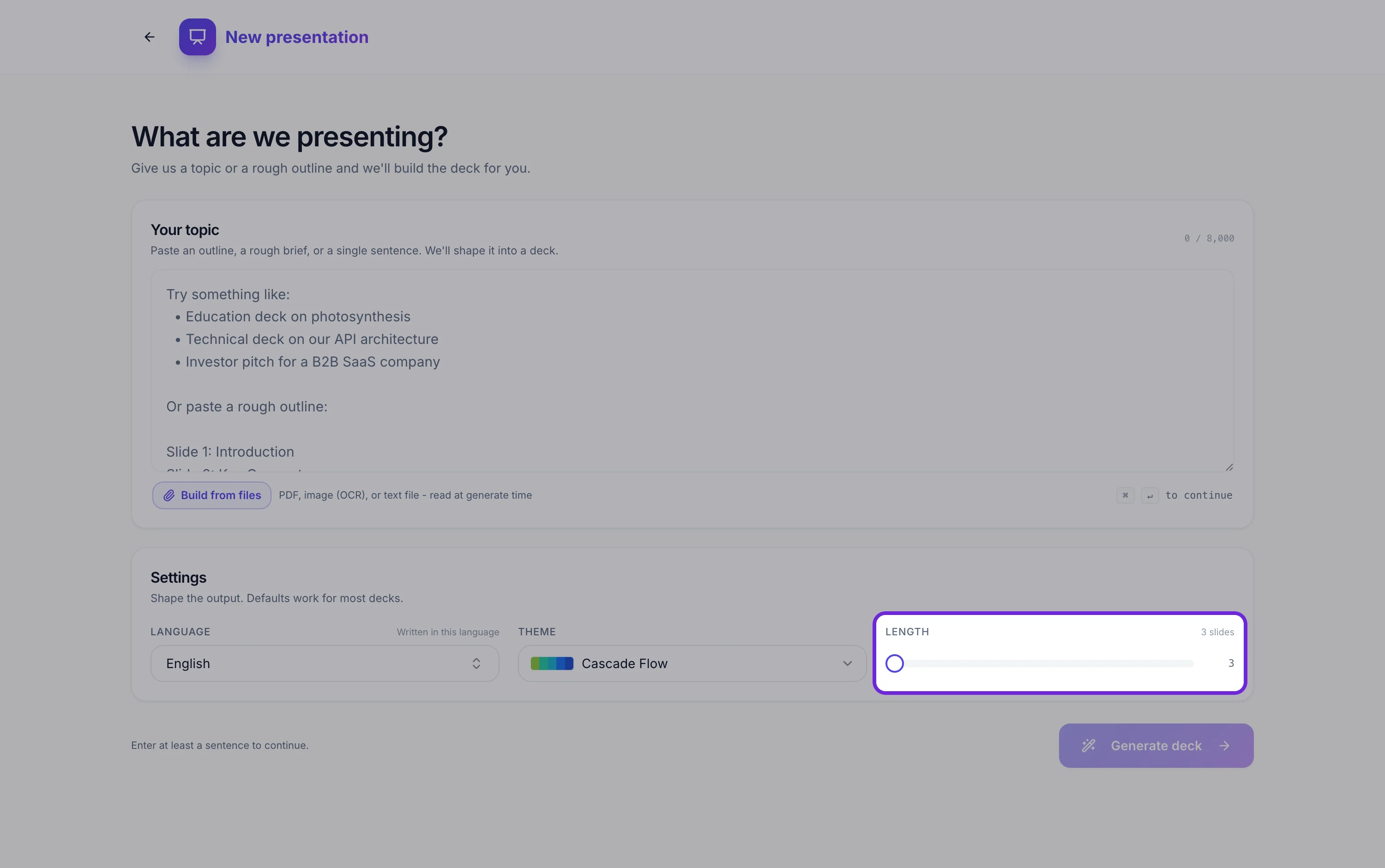 The presentation generator with the Length slider highlighted, set to three slides