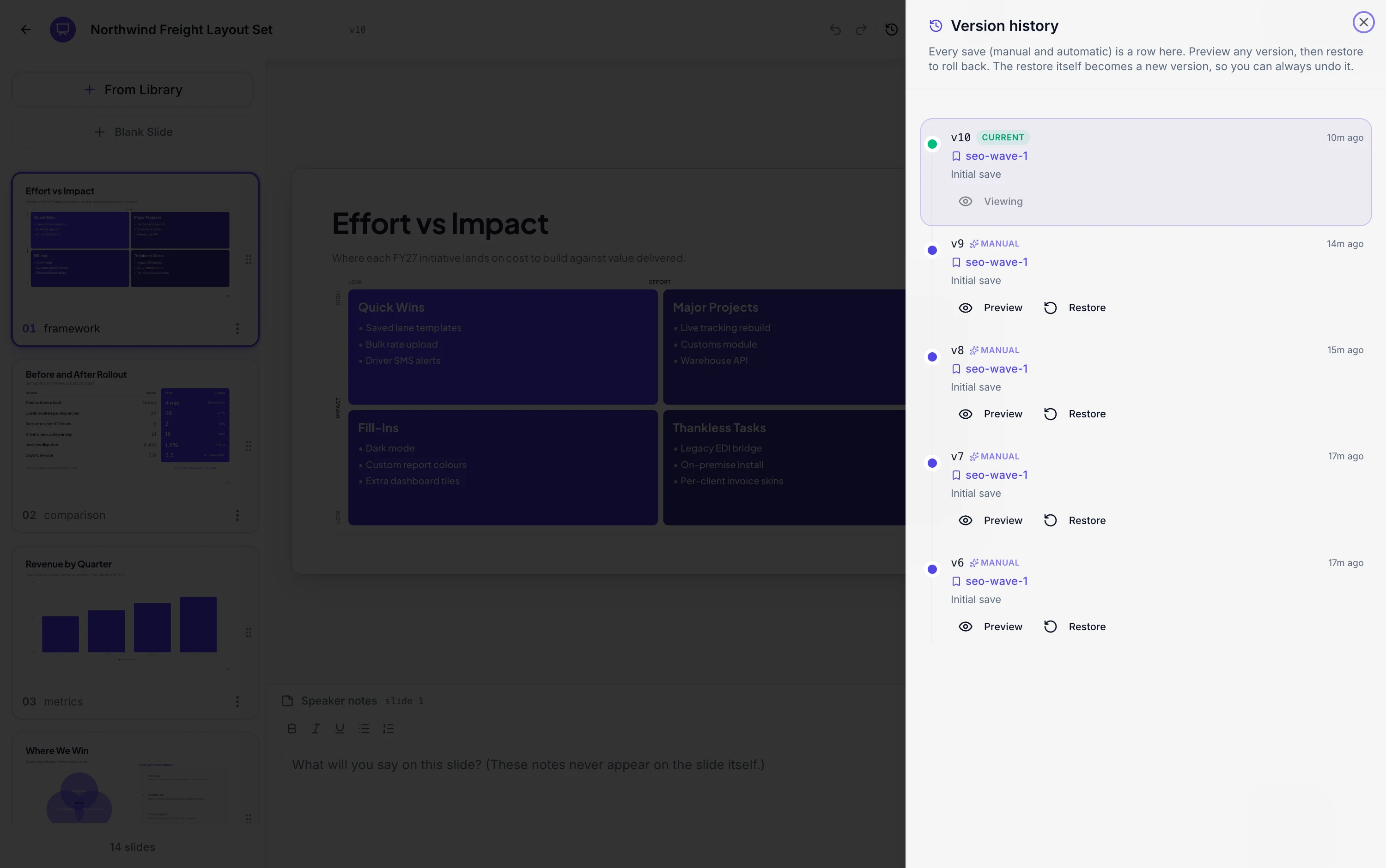 The Version history panel listing saved versions with Preview and Restore on each