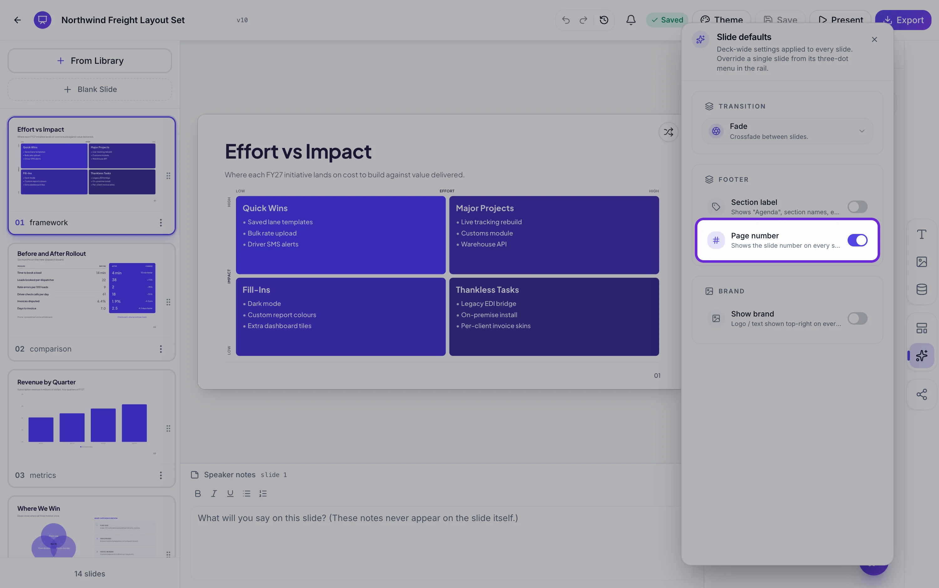 The Slide defaults panel with the Page number toggle highlighted and turned on