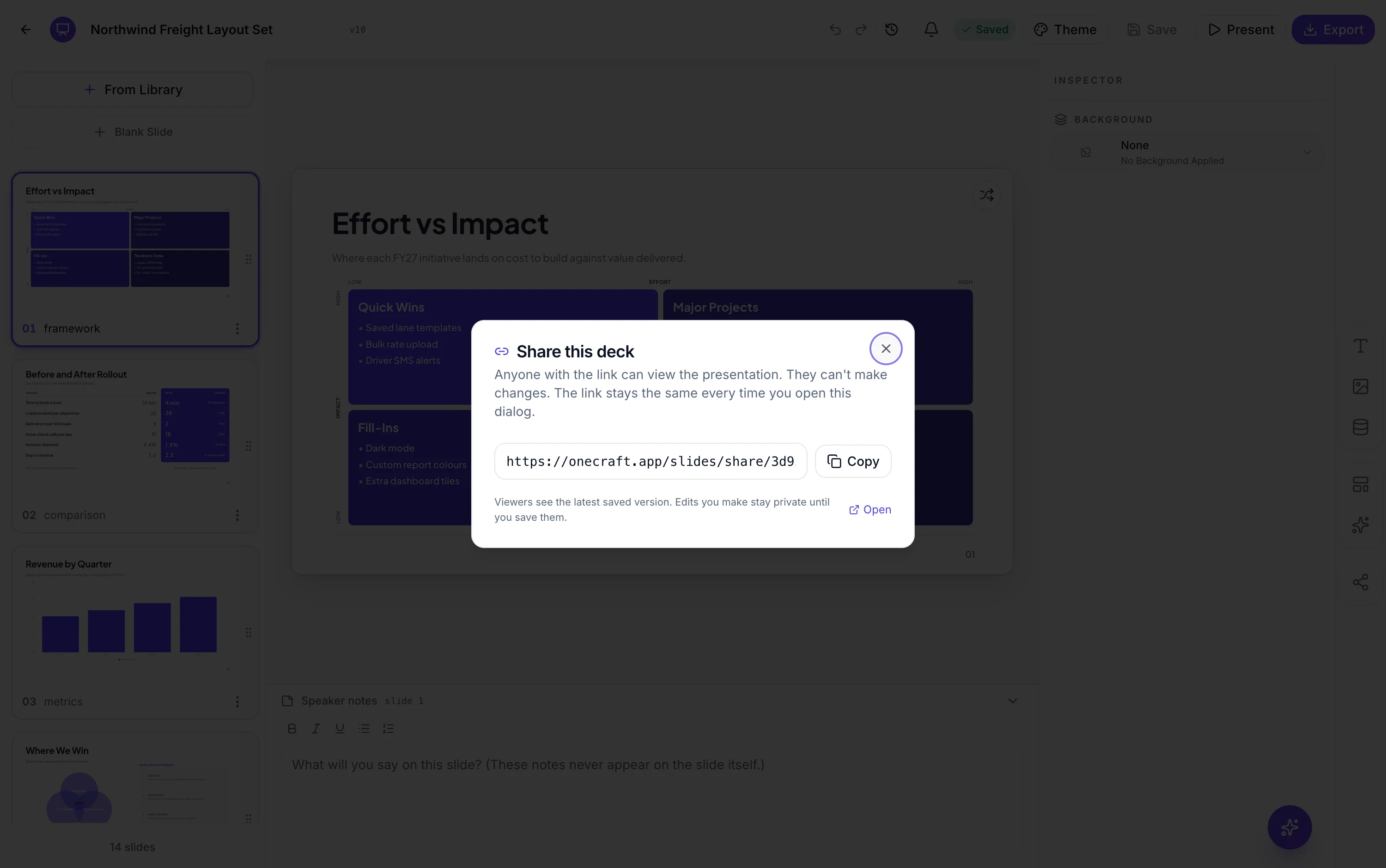 The Share this deck dialog showing the read only link and a Copy button