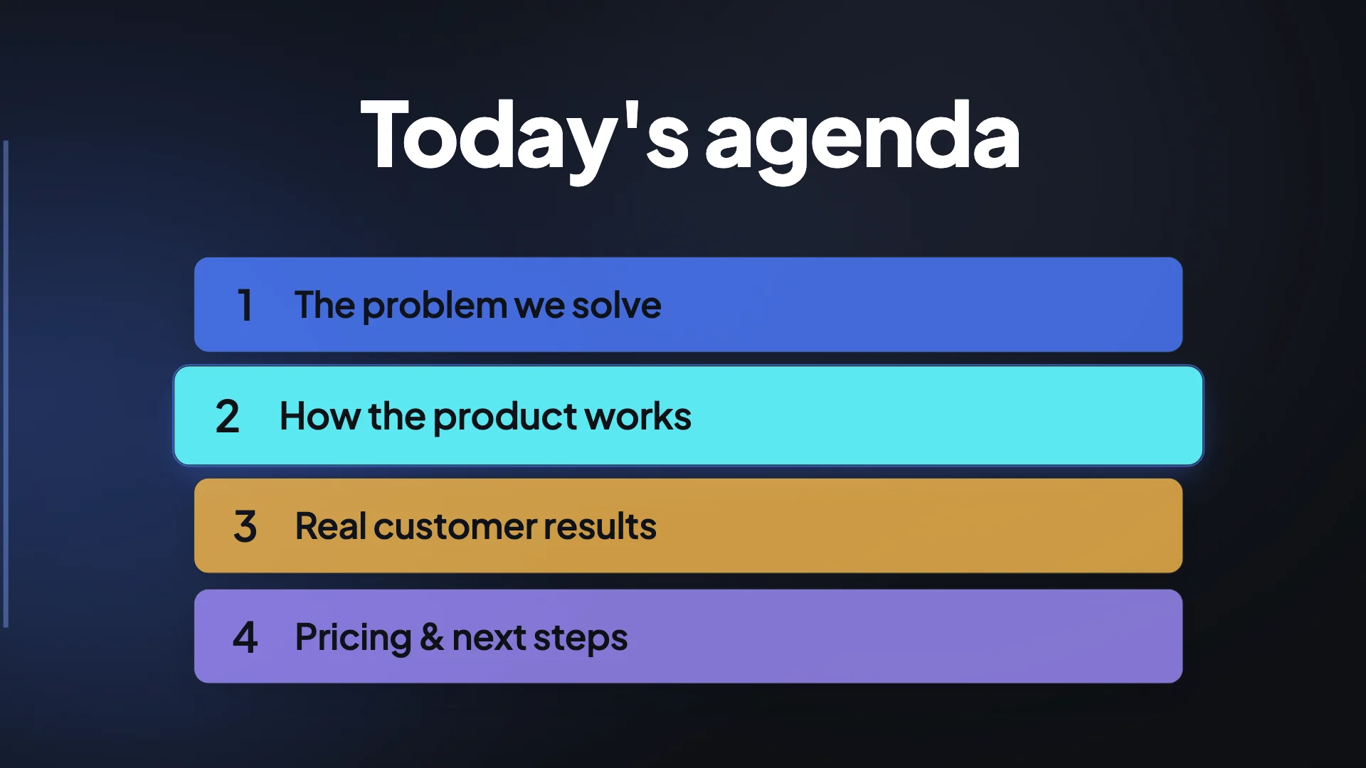 A video frame listing a four point agenda, each point on its own coloured bar