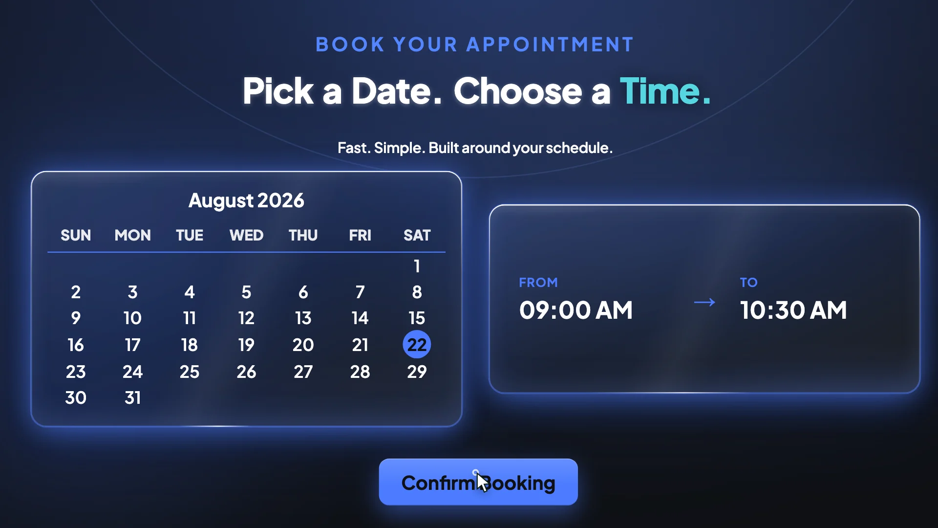 A video frame showing a month calendar with a date selected and a time range beside it
