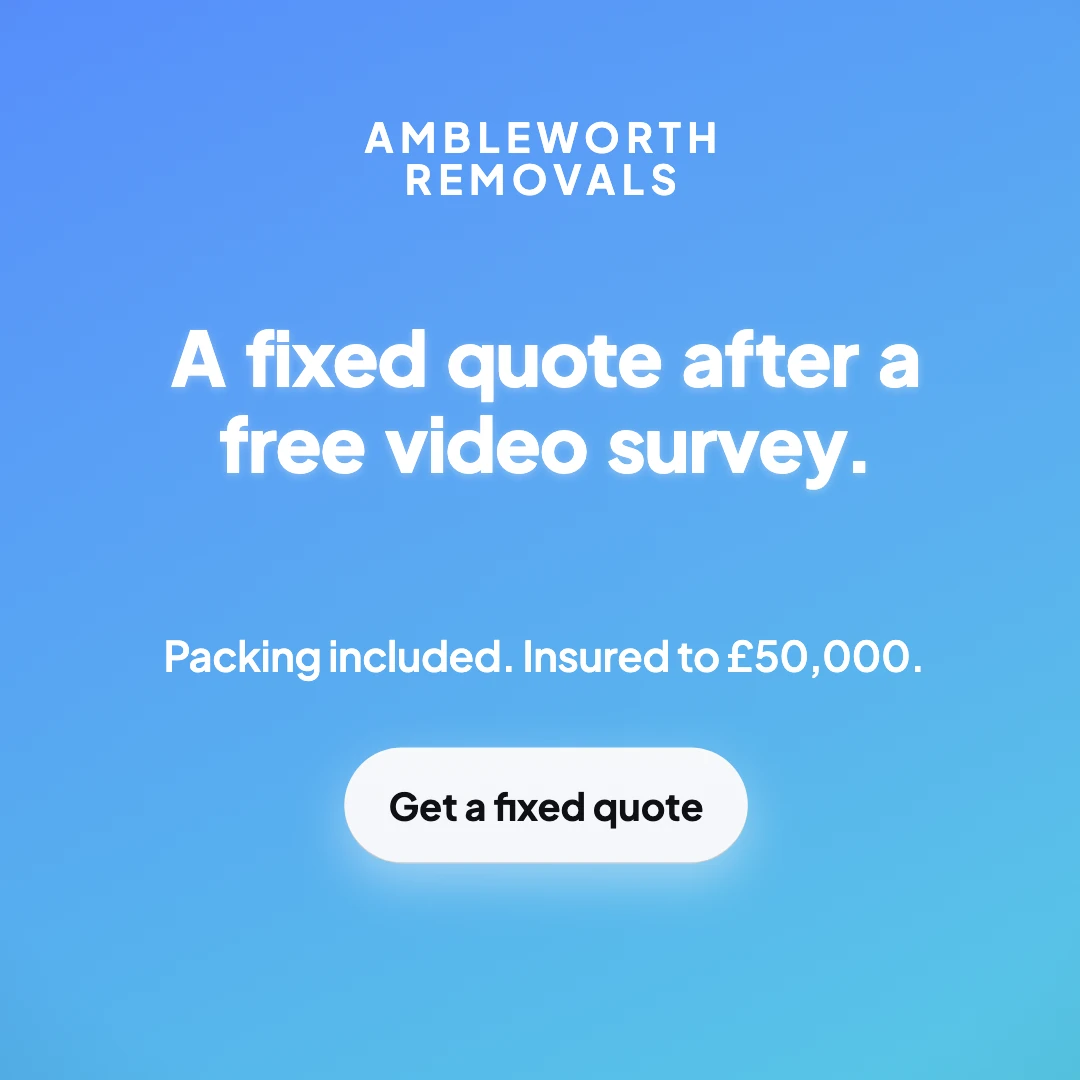 A square video frame for Ambleworth Removals reading a fixed quote after a free video survey, with packing included, insured to £50,000, and a Get a fixed quote button.