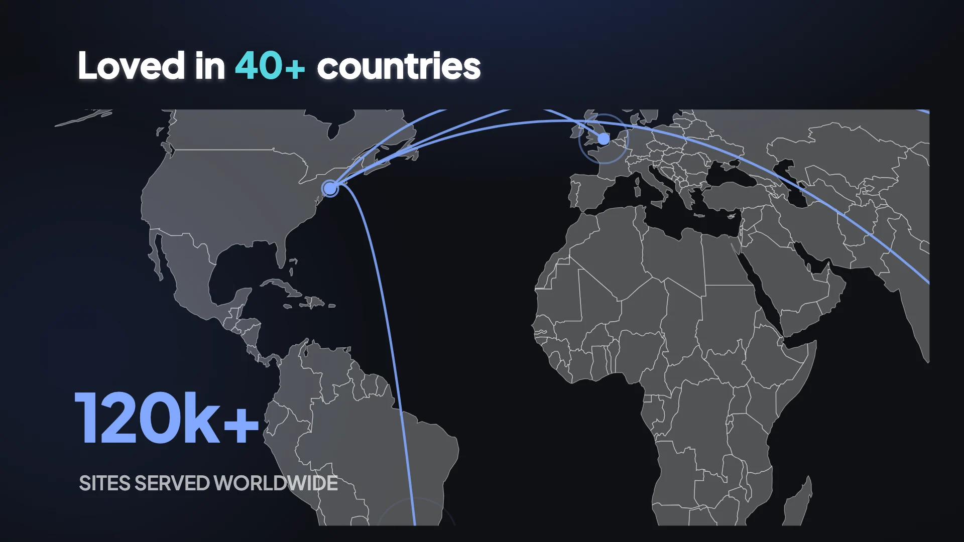 A video frame showing a world map with connection arcs between two hubs and a headline count of sites served
