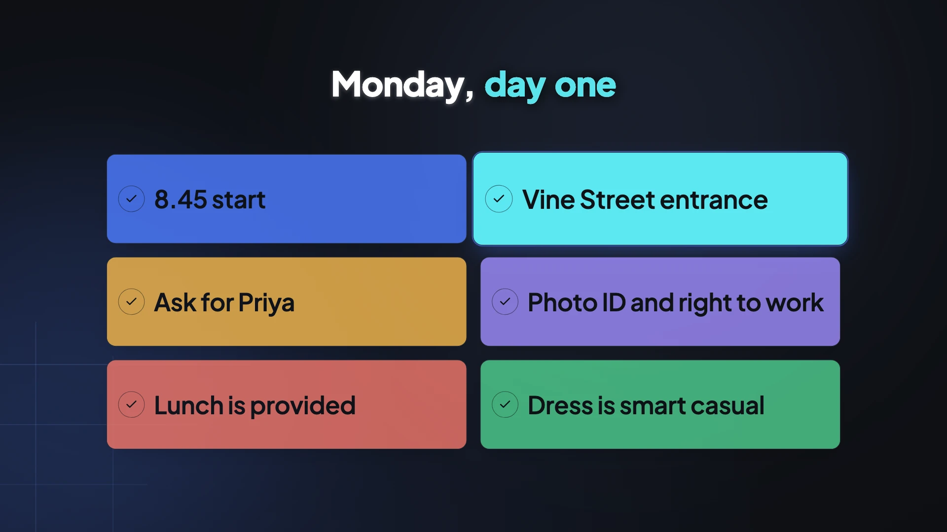 A video frame headed Monday, day one with six ticked cards: 8.45 start, Vine Street entrance, ask for Priya, photo ID and right to work, lunch is provided, dress is smart casual.