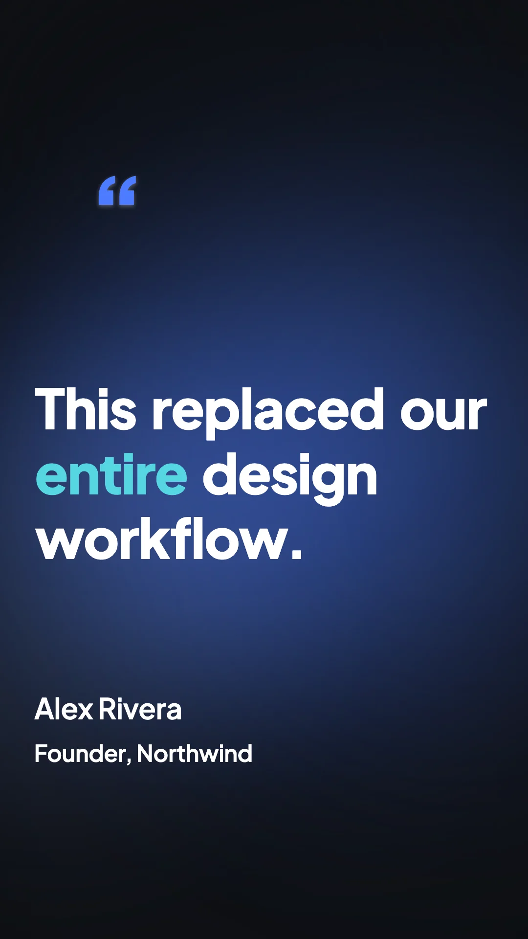 A vertical video frame showing a customer quote with the speaker's name and role underneath