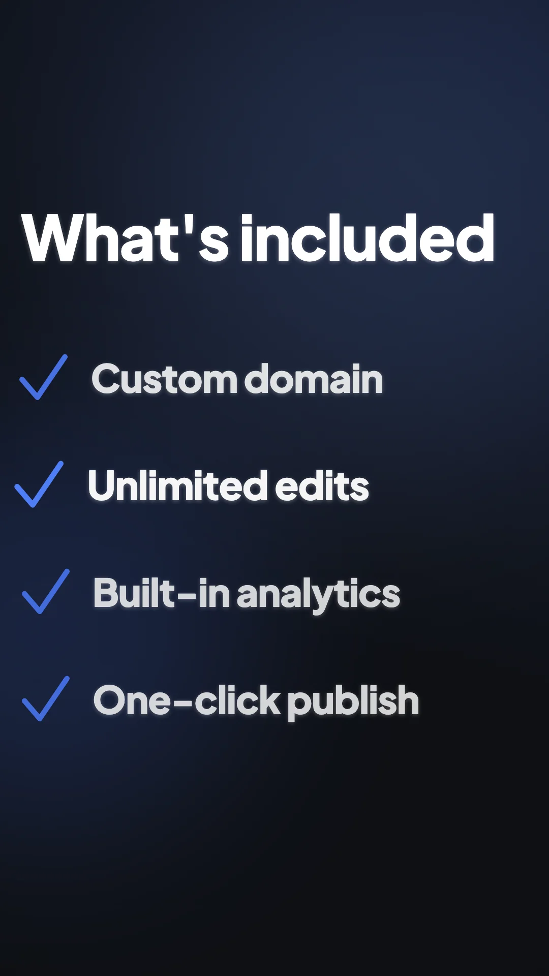 A vertical video frame listing four included features with tick marks