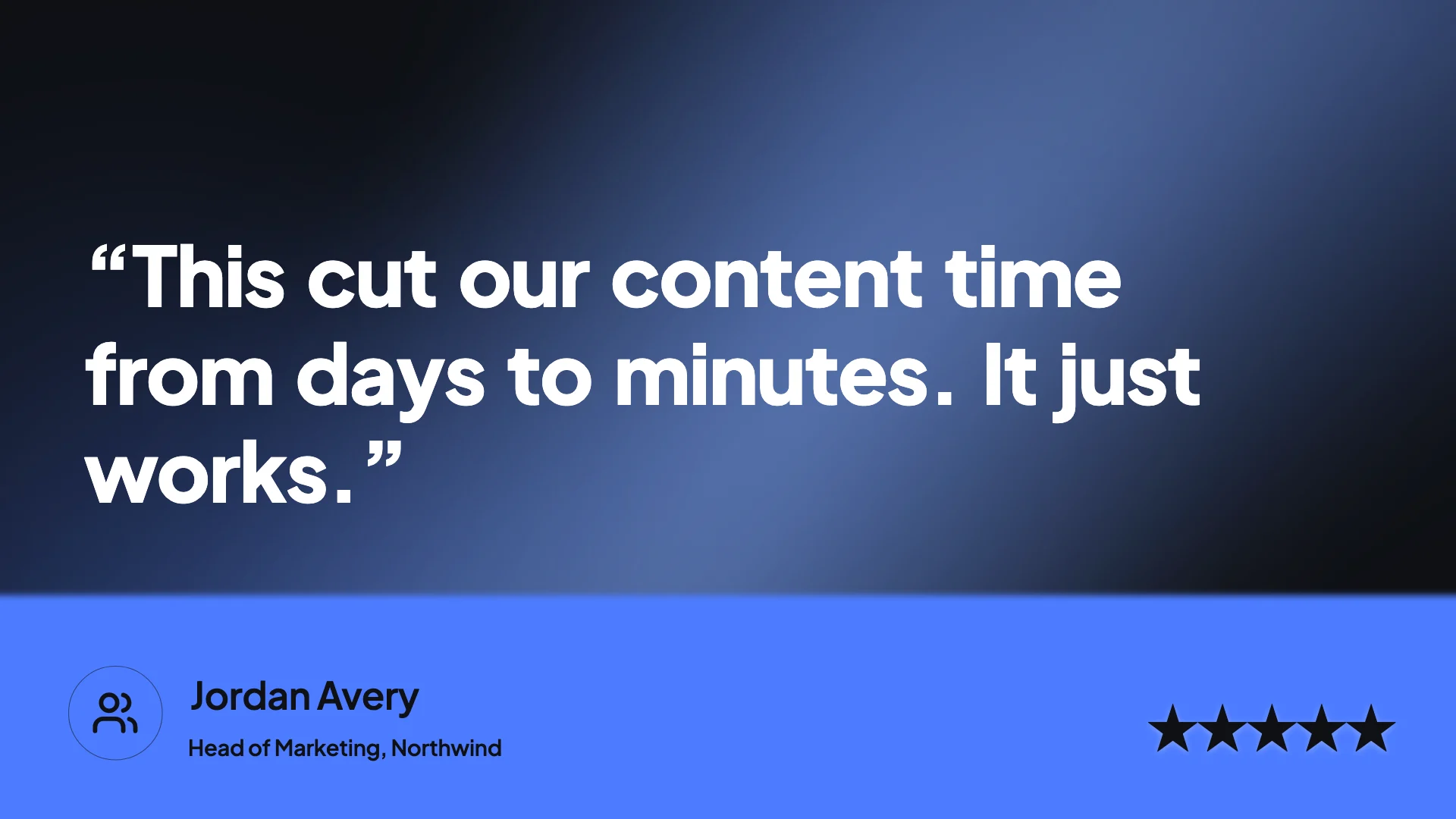 A video frame showing a customer quote with the speaker's name, role and a five star rating