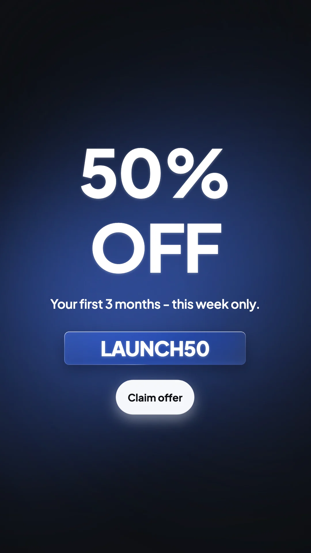 A vertical video frame showing a fifty percent off offer with a promo code and a claim button