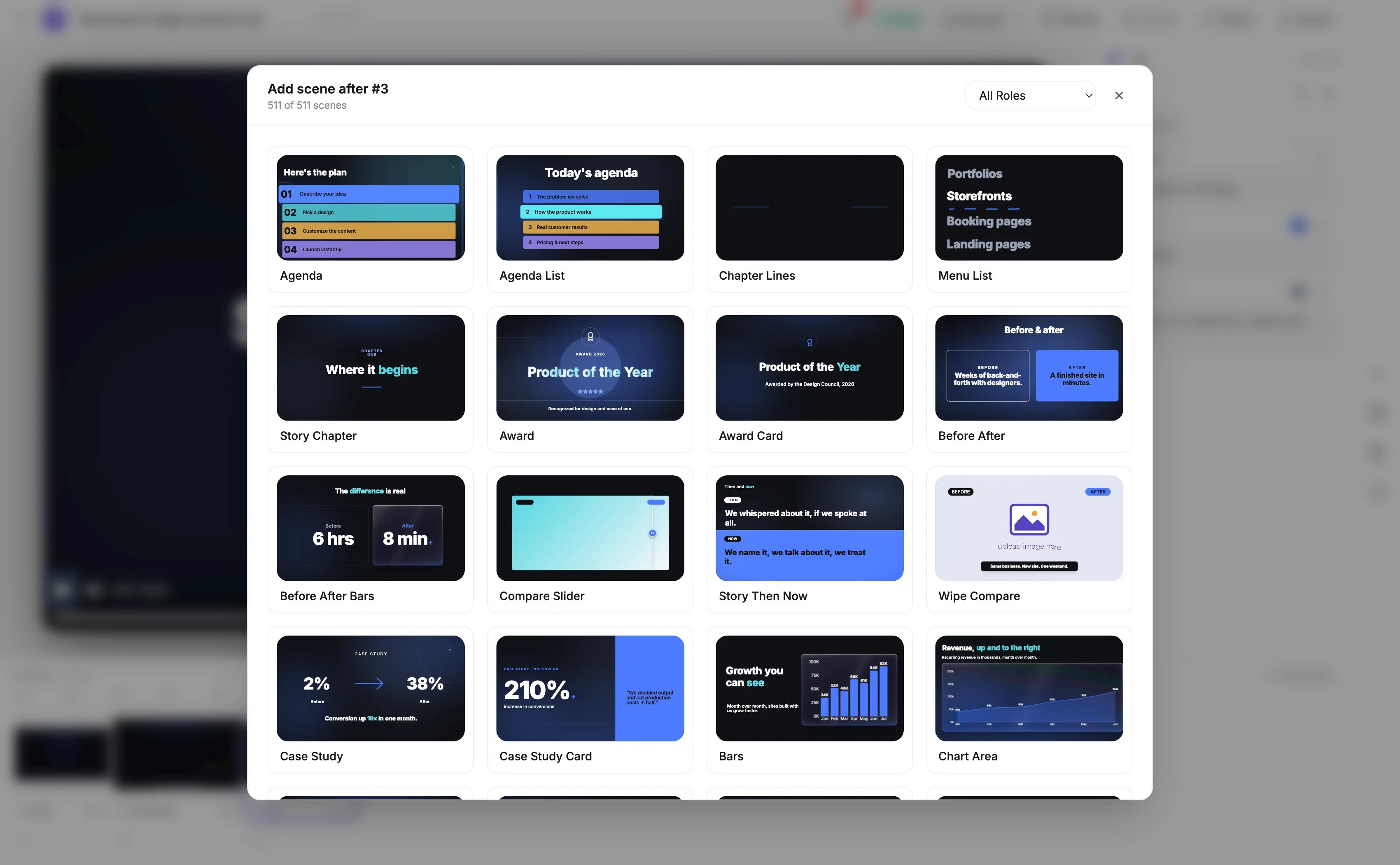 The scene library open, showing hundreds of ready made scenes with live thumbnails and role names
