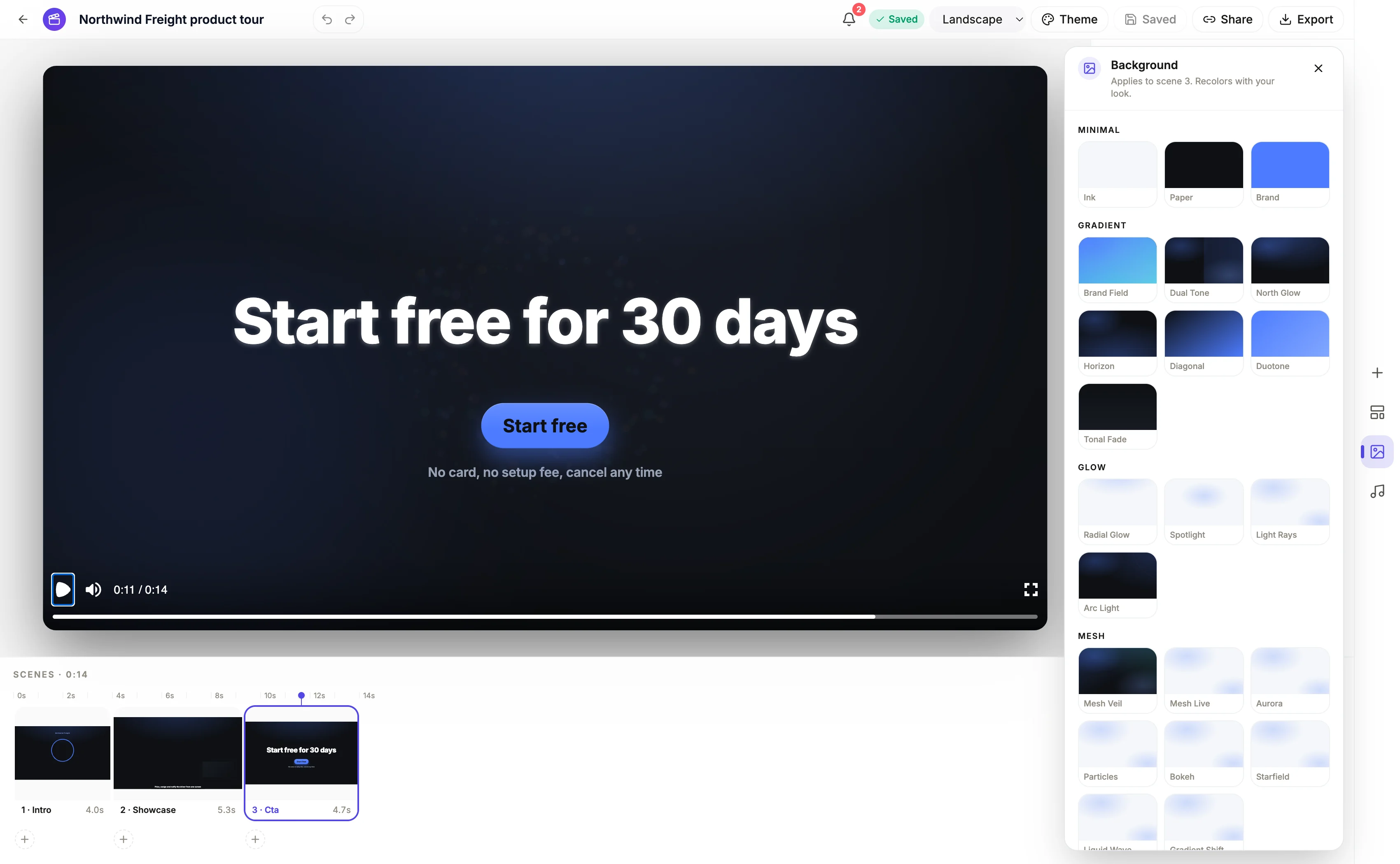 The background panel open on a video, showing minimal, gradient, glow and mesh swatches