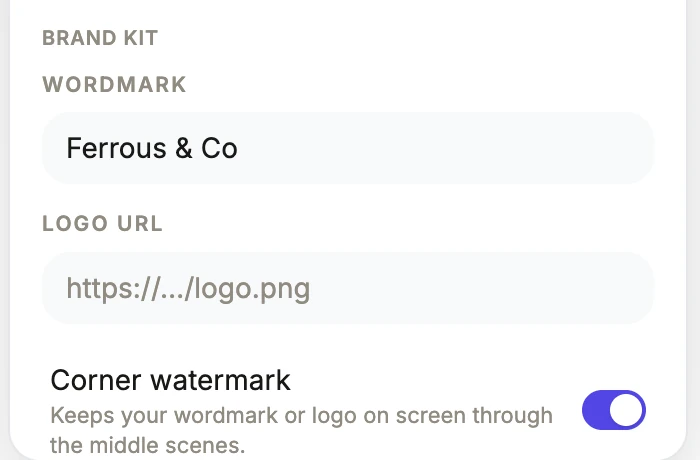 The brand kit section showing a wordmark reading Ferrous & Co, an empty logo URL field, and the Corner watermark switch turned on.