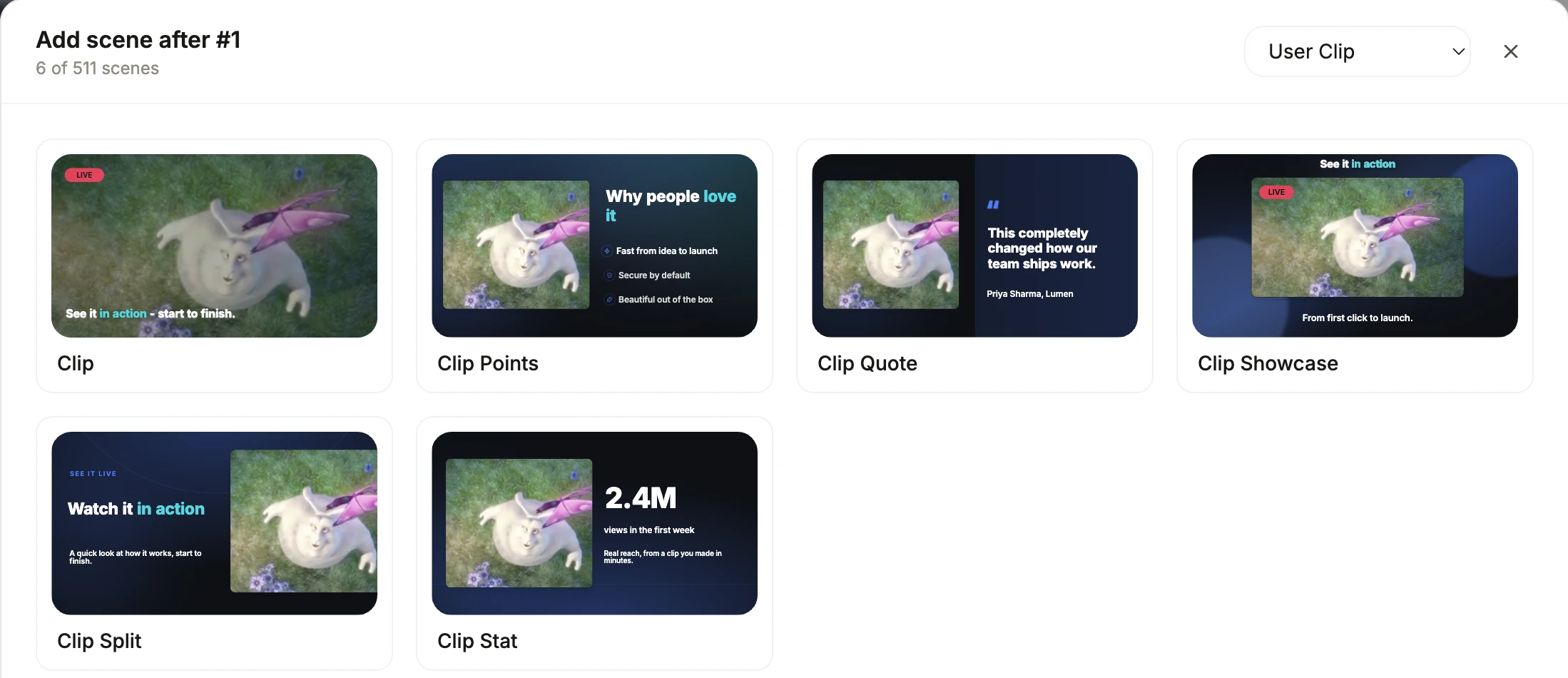 The scene library filtered to User Clip, showing six layouts named Clip, Clip Points, Clip Quote, Clip Showcase, Clip Split and Clip Stat, each playing a clip.