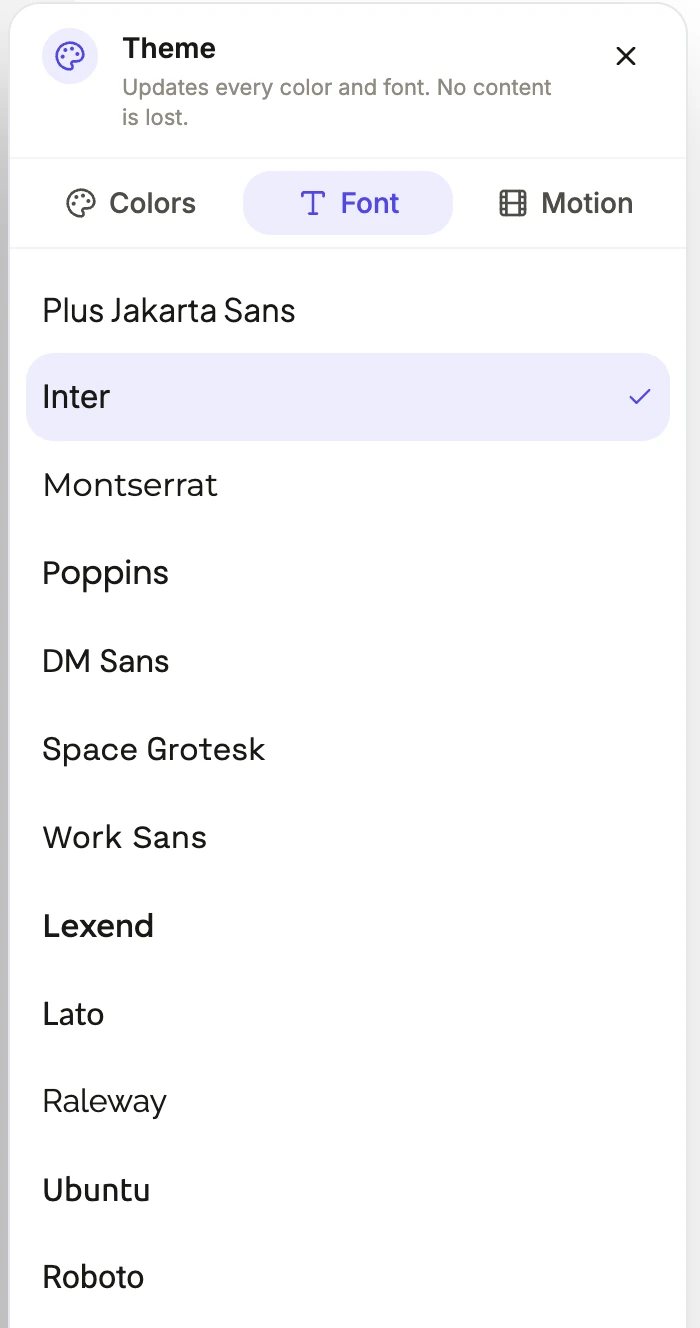 The Font tab of the theme panel listing twelve families, each name set in its own typeface.