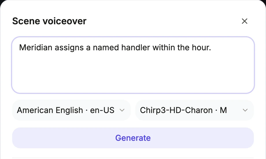 The scene voiceover dialog holding the line Meridian assigns a named handler within the hour, above a language, a voice and a Generate button.