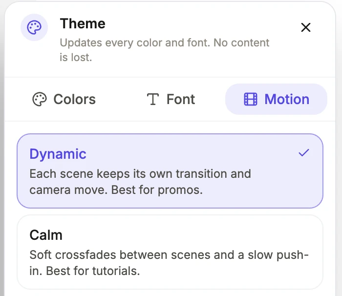 The Motion tab of the theme panel, with Dynamic selected and Calm listed underneath it.