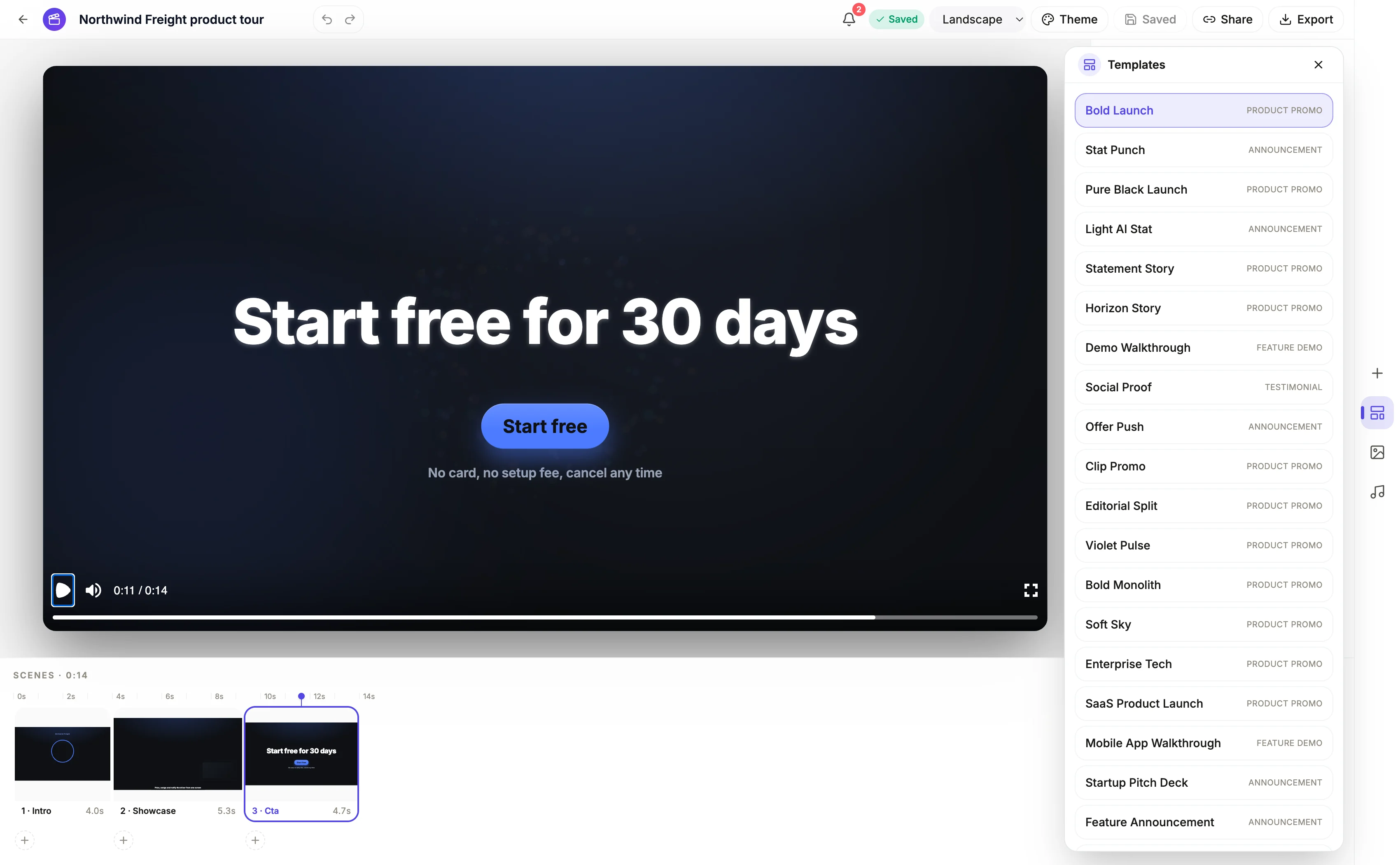 The templates panel listing named video templates, each tagged with its category