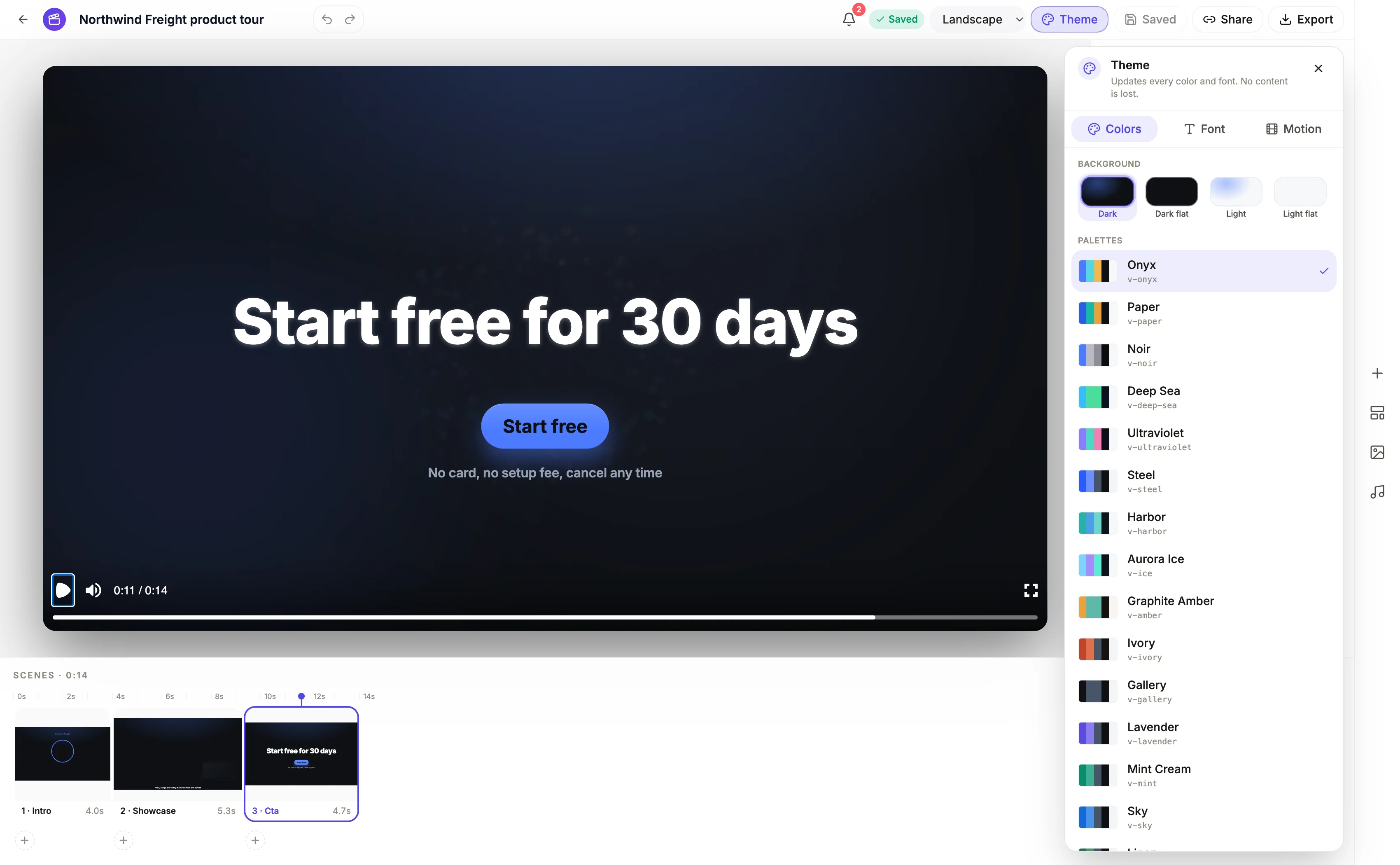 The theme panel with Colors, Font and Motion tabs and a list of named palettes