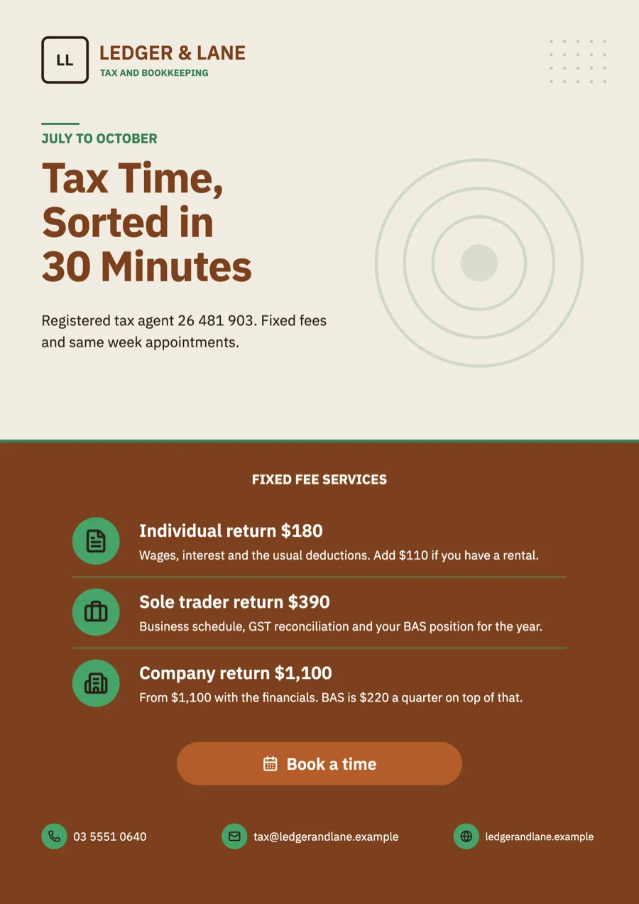 Accounting services flyer for a suburban tax and bookkeeping practice example